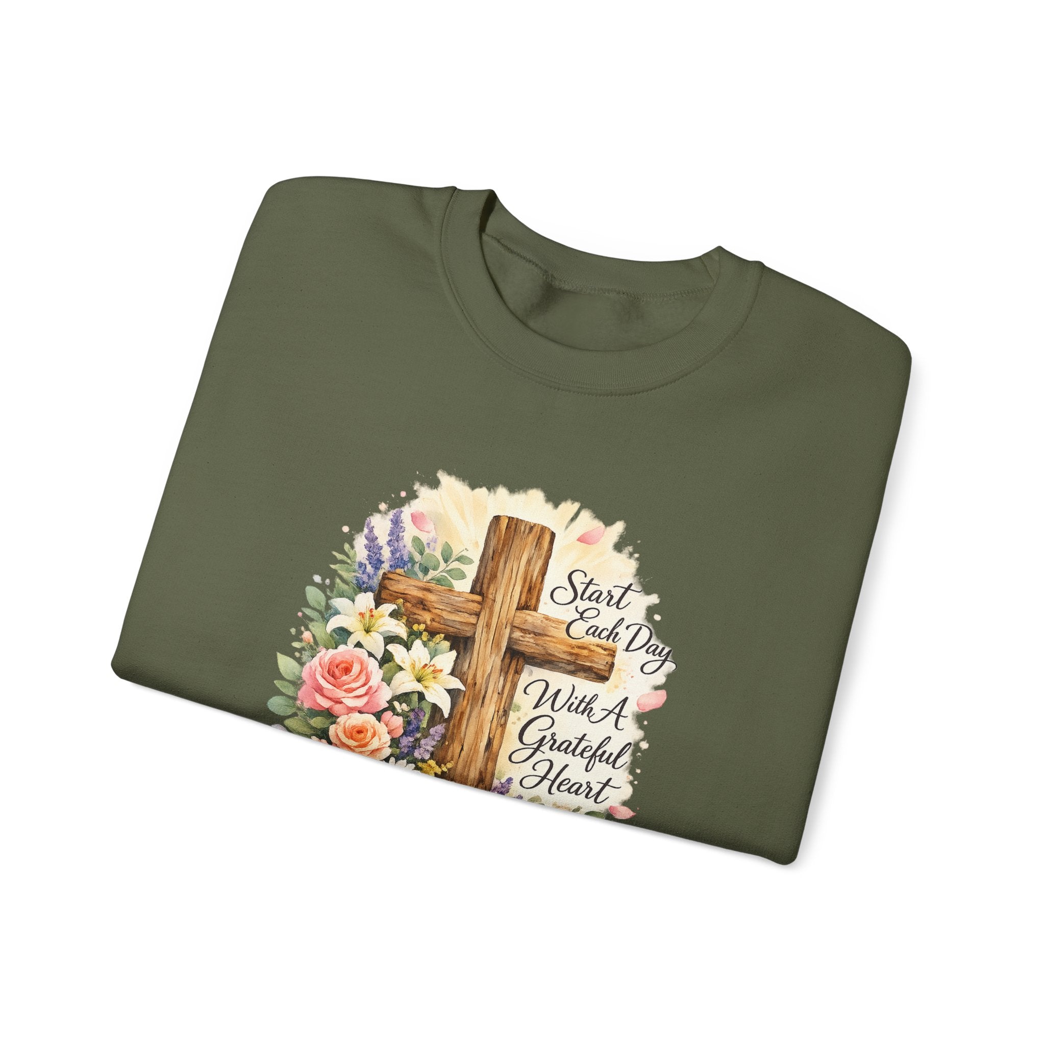 Christian Crewneck Sweatshirt — "Start Each Day with a Grateful Heart" Floral Cross