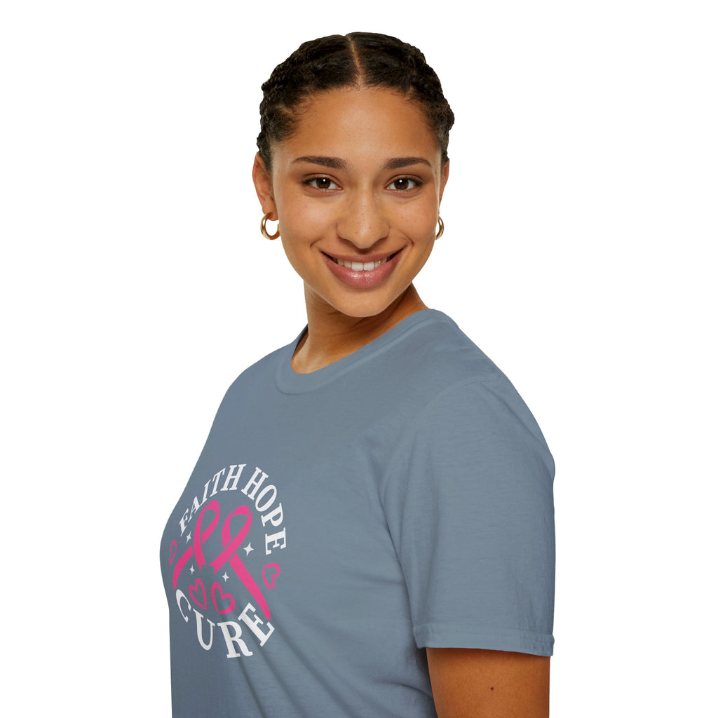 Faith Hope Cure Breast Cancer Awareness T-Shirt — Pink Ribbon Gift for Her Support Graphic Tee