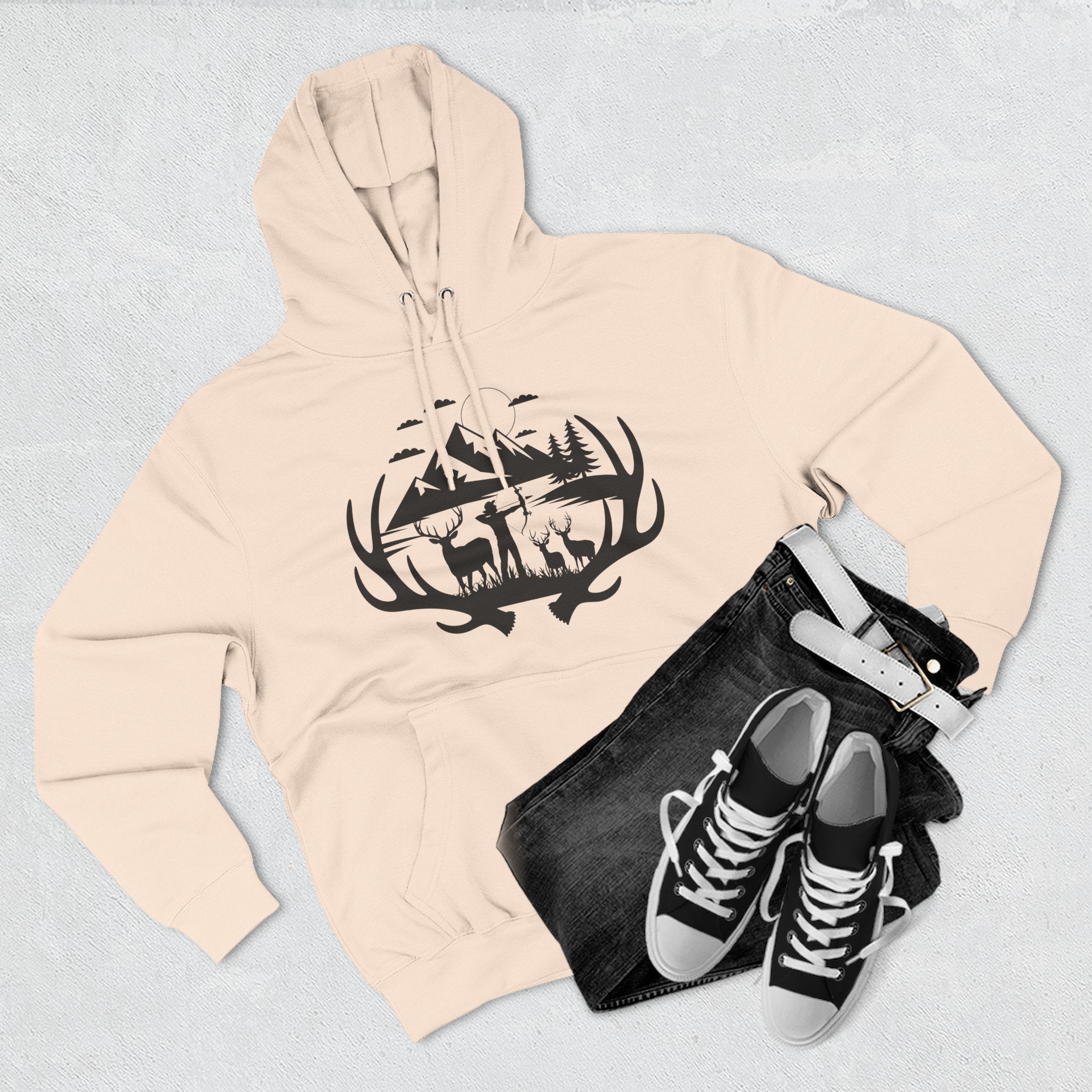 Deer Antler Mountain Hoodie — Rustic Outdoor Gift for Him Wildlife Graphic Pullover