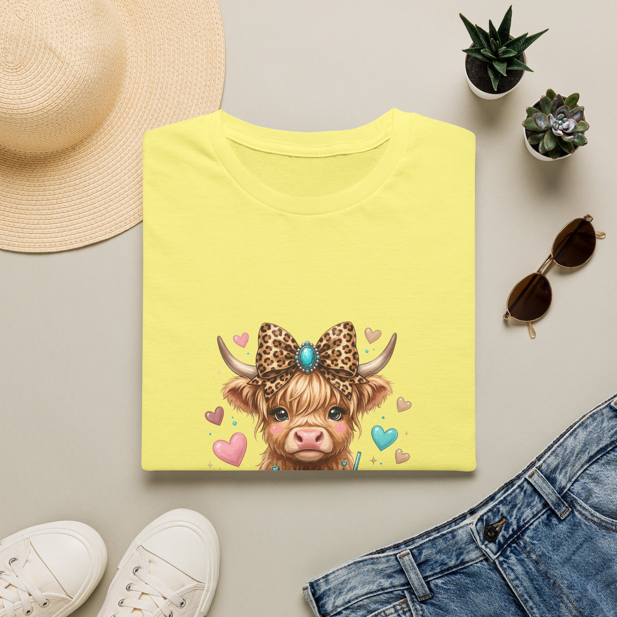 Highland Cow Leopard Bow T-Shirt — Cute Funny Gift for Her Hearts Graphic Tee