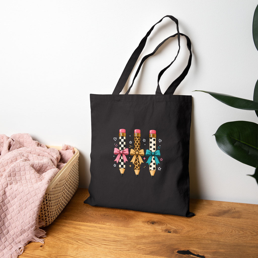 Canvas Tote Bag — Cute Decorative Pencils with Bows | School Teacher Gift