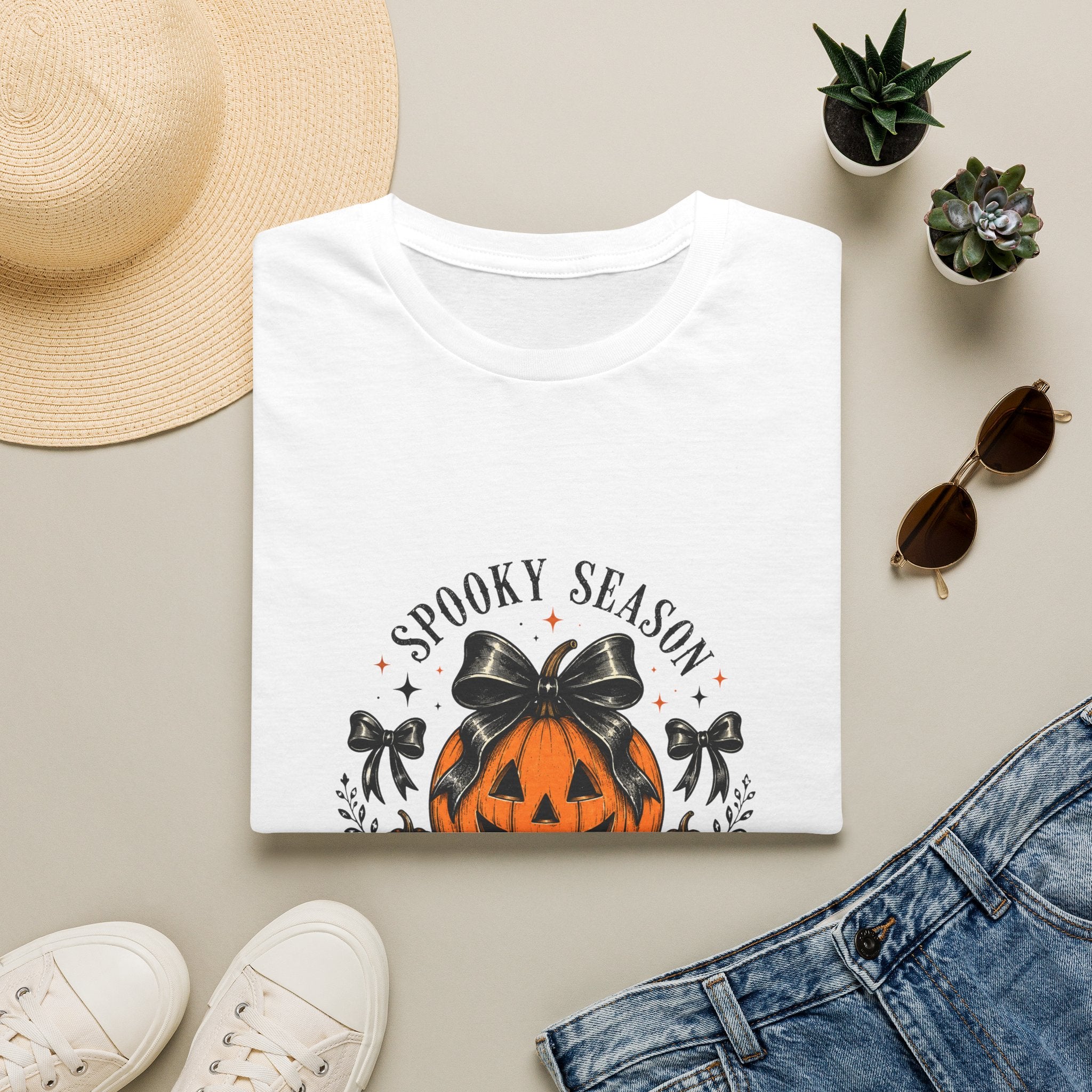 Spooky Season Jack-O'-Lantern Bow T-Shirt — Cute Halloween Gift for Women Graphic Tee