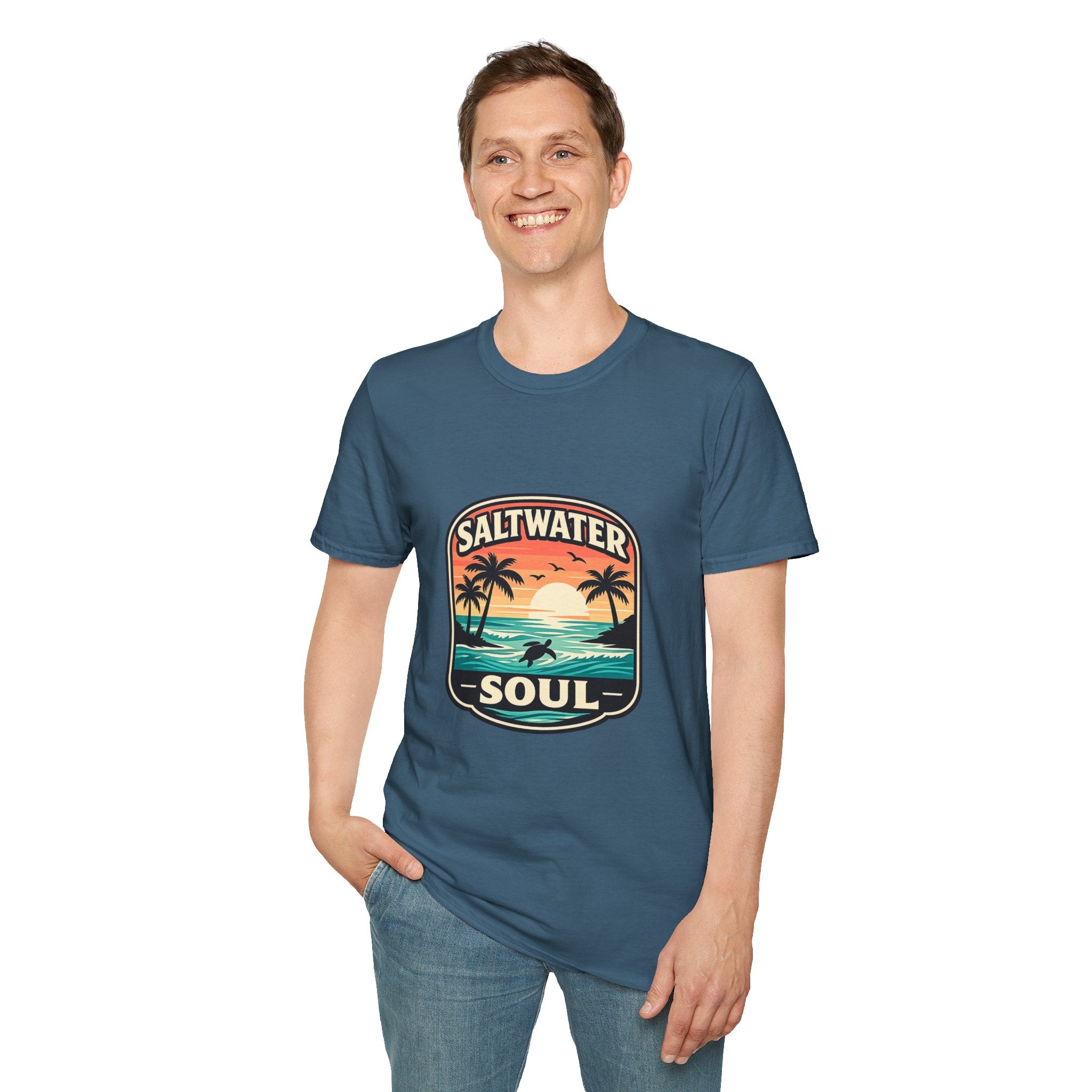 Saltwater Soul Retro Beach T-Shirt — Cute Coastal Gift for Women Sunset Palm Tee