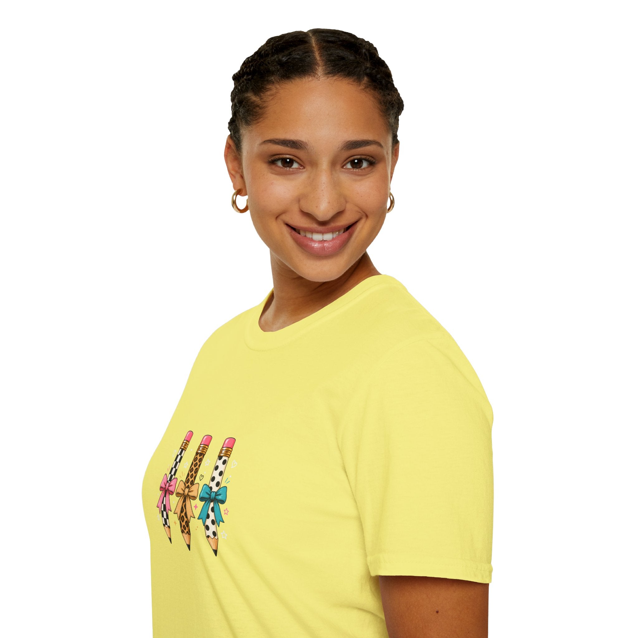 Pencil Trio Graphic T-Shirt — Cute Patterned Pencils with Bows