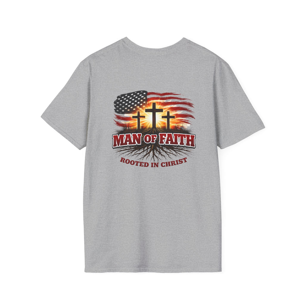 Man of Faith Rooted in Christ T-Shirt — Christian Gift for Him Flag & Cross Back Print Graphic Tee
