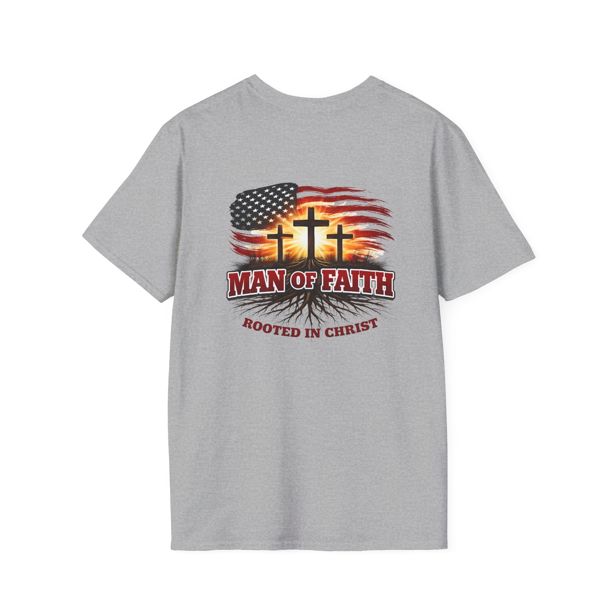Man of Faith Rooted in Christ T-Shirt — Christian Gift for Him Flag & Cross Back Print Graphic Tee