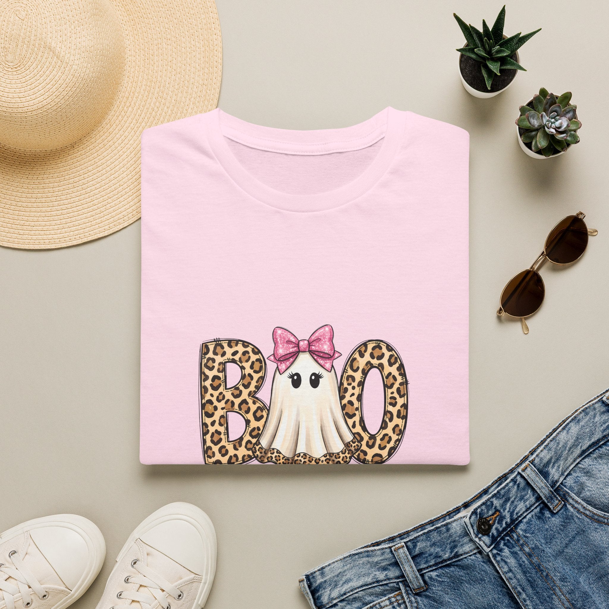 Boo Leopard Ghost T-Shirt — Cute Pink Bow Halloween Gift for Women Graphic Tee