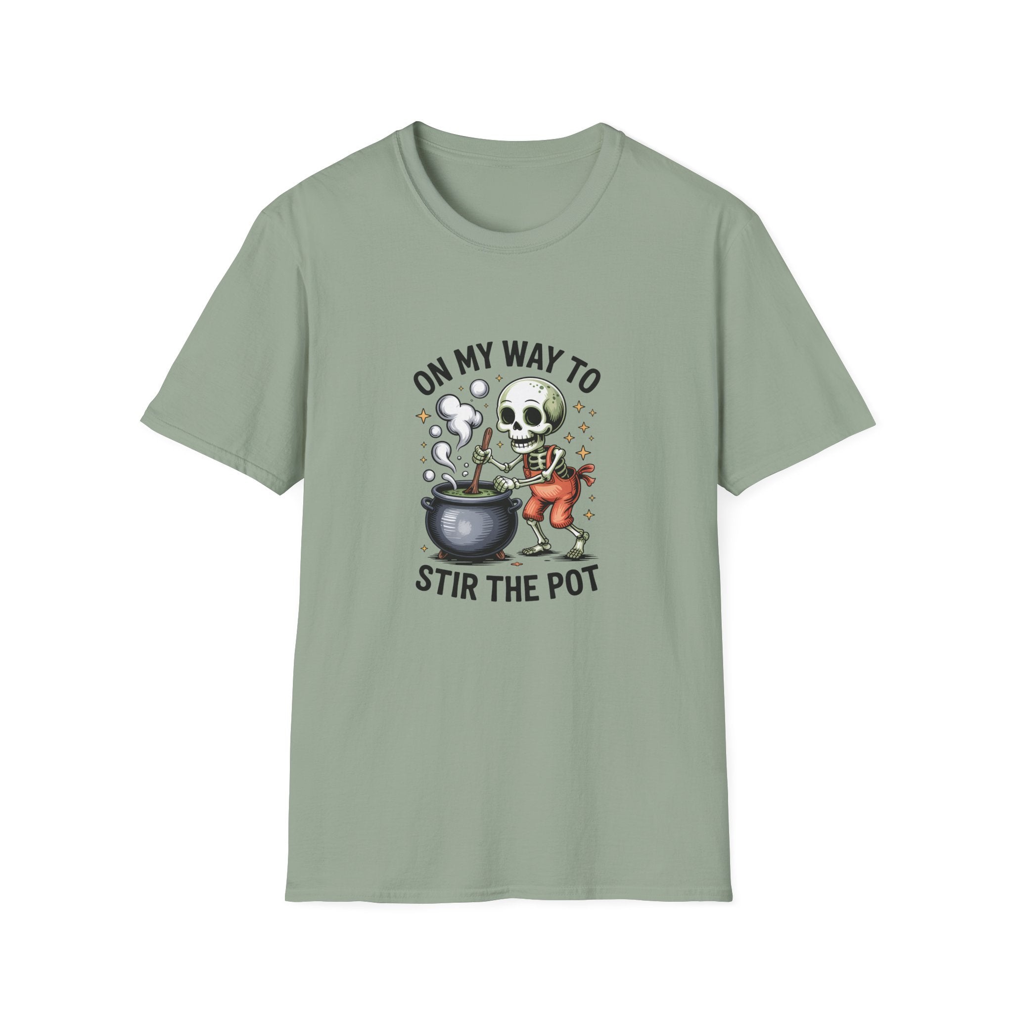 On My Way to Stir the Pot Skeleton T-Shirt — Funny Halloween Gift for Women