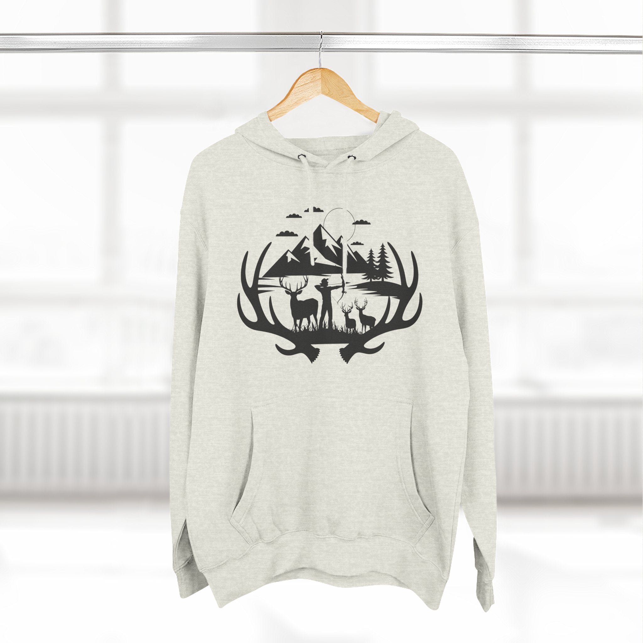Deer Antler Mountain Hoodie — Rustic Outdoor Gift for Him Wildlife Graphic Pullover