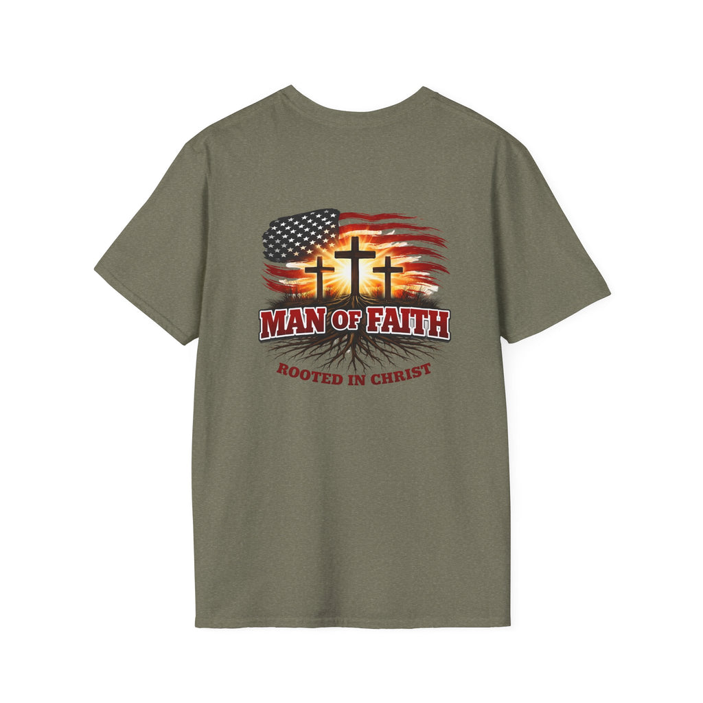Man of Faith Rooted in Christ T-Shirt — Christian Gift for Him Flag & Cross Back Print Graphic Tee