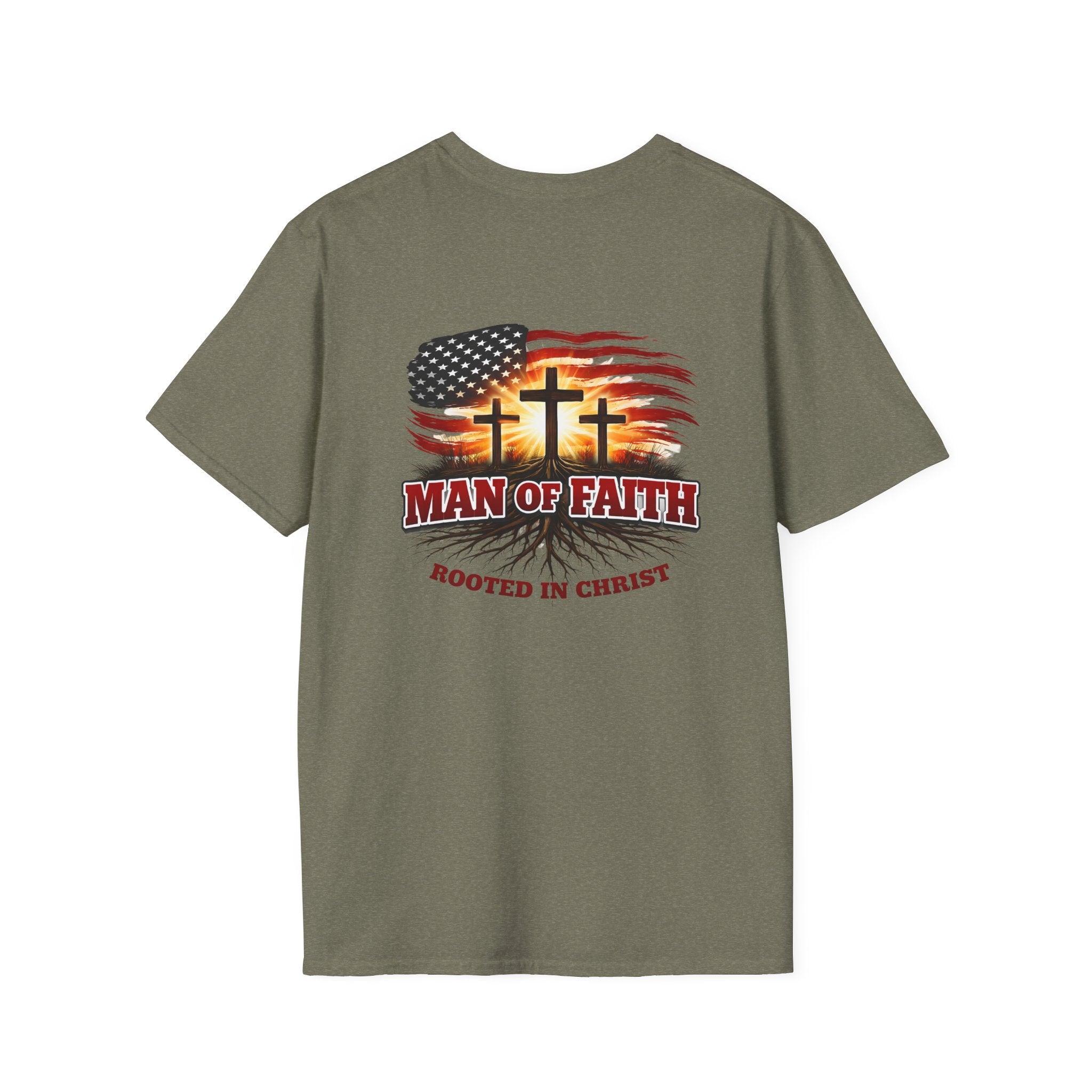 Man of Faith Rooted in Christ T-Shirt — Christian Gift for Him Flag & Cross Back Print Graphic Tee