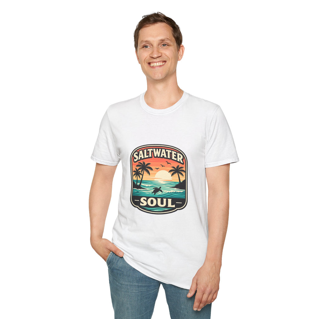 Saltwater Soul Retro Beach T-Shirt — Cute Coastal Gift for Women Sunset Palm Tee
