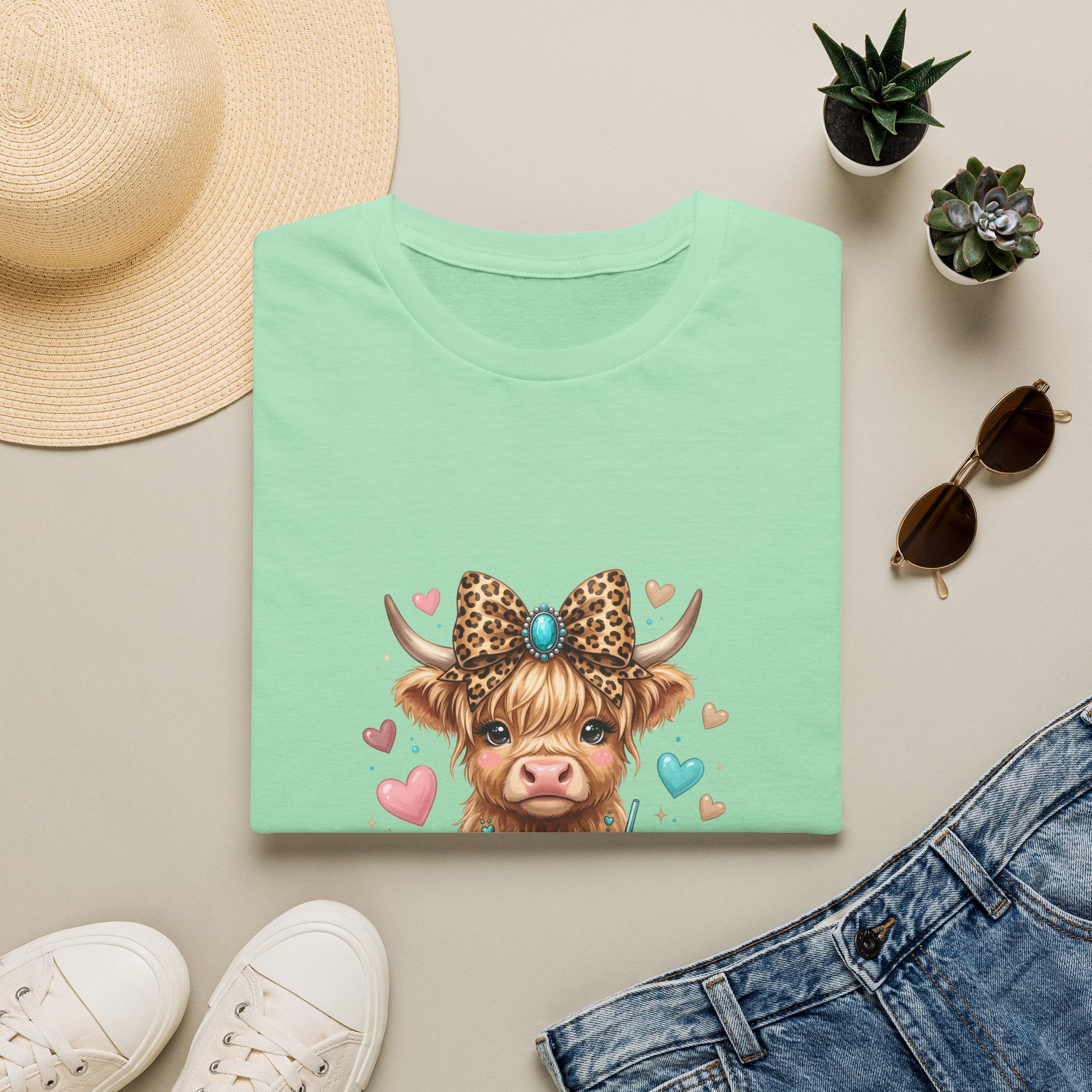 Highland Cow Leopard Bow T-Shirt — Cute Funny Gift for Her Hearts Graphic Tee