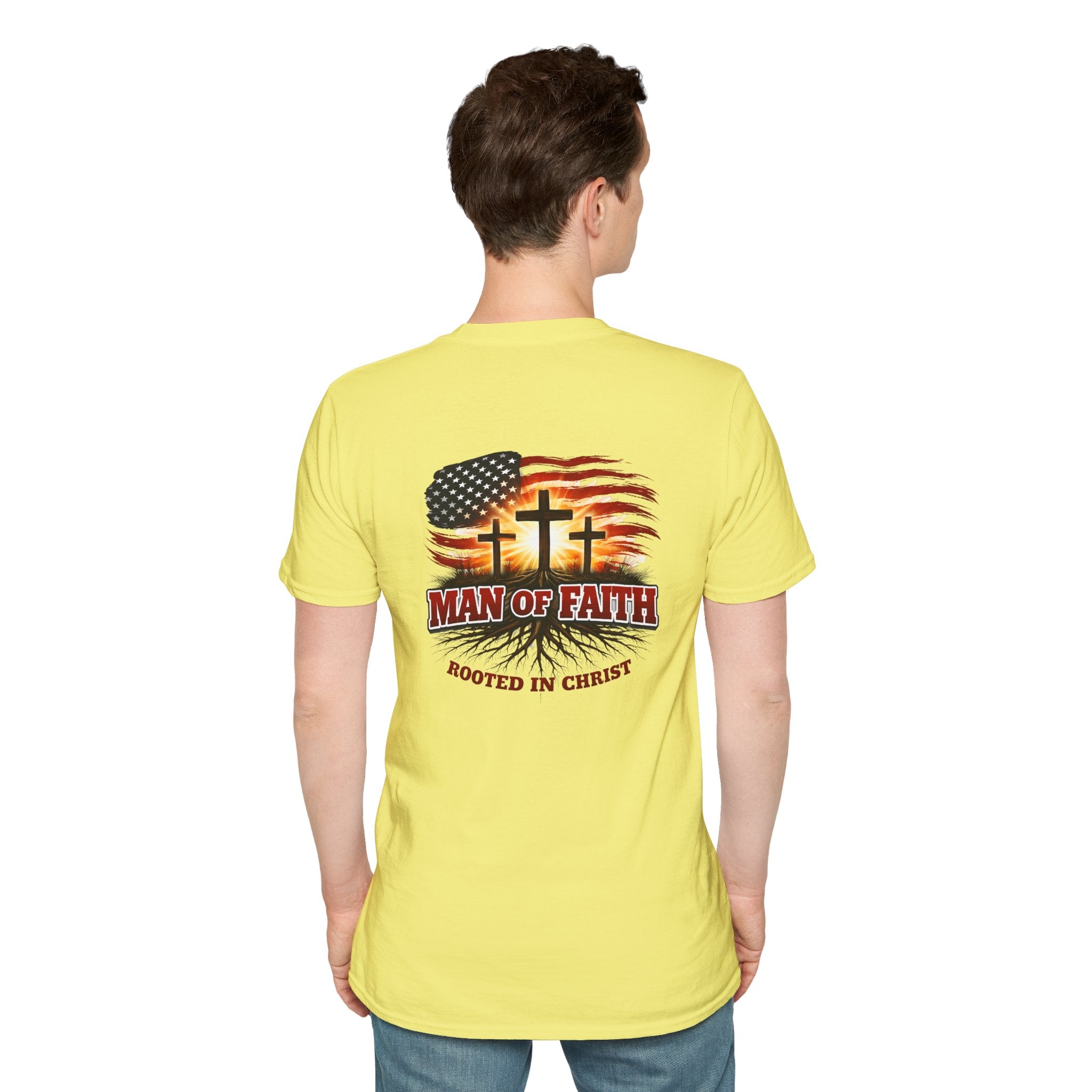 Man of Faith Rooted in Christ T-Shirt — Christian Gift for Him Flag & Cross Back Print Graphic Tee