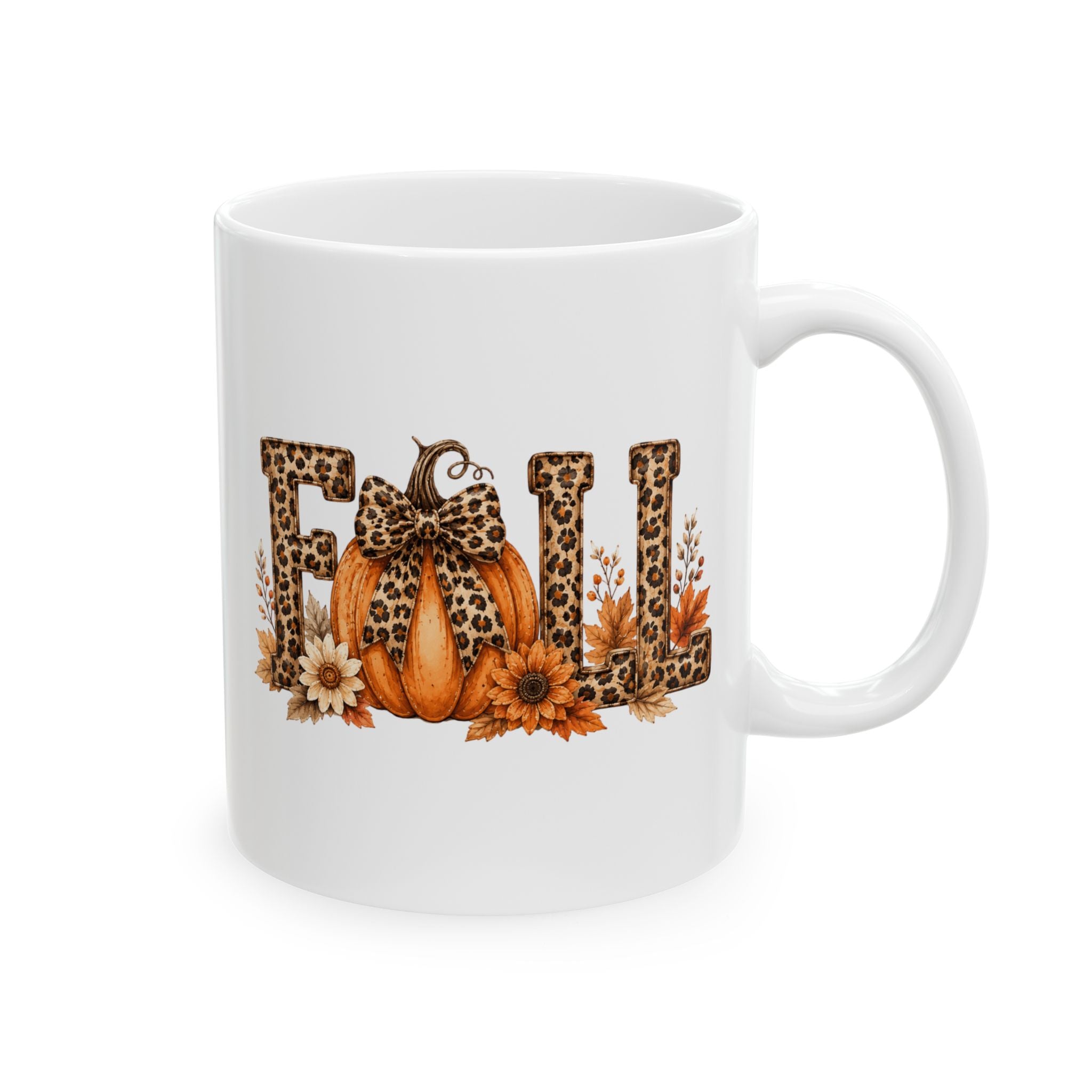 Fall Floral Leopard Sunflower Mug — Cute Autumn Gift Ceramic Coffee Cup 11oz 15oz