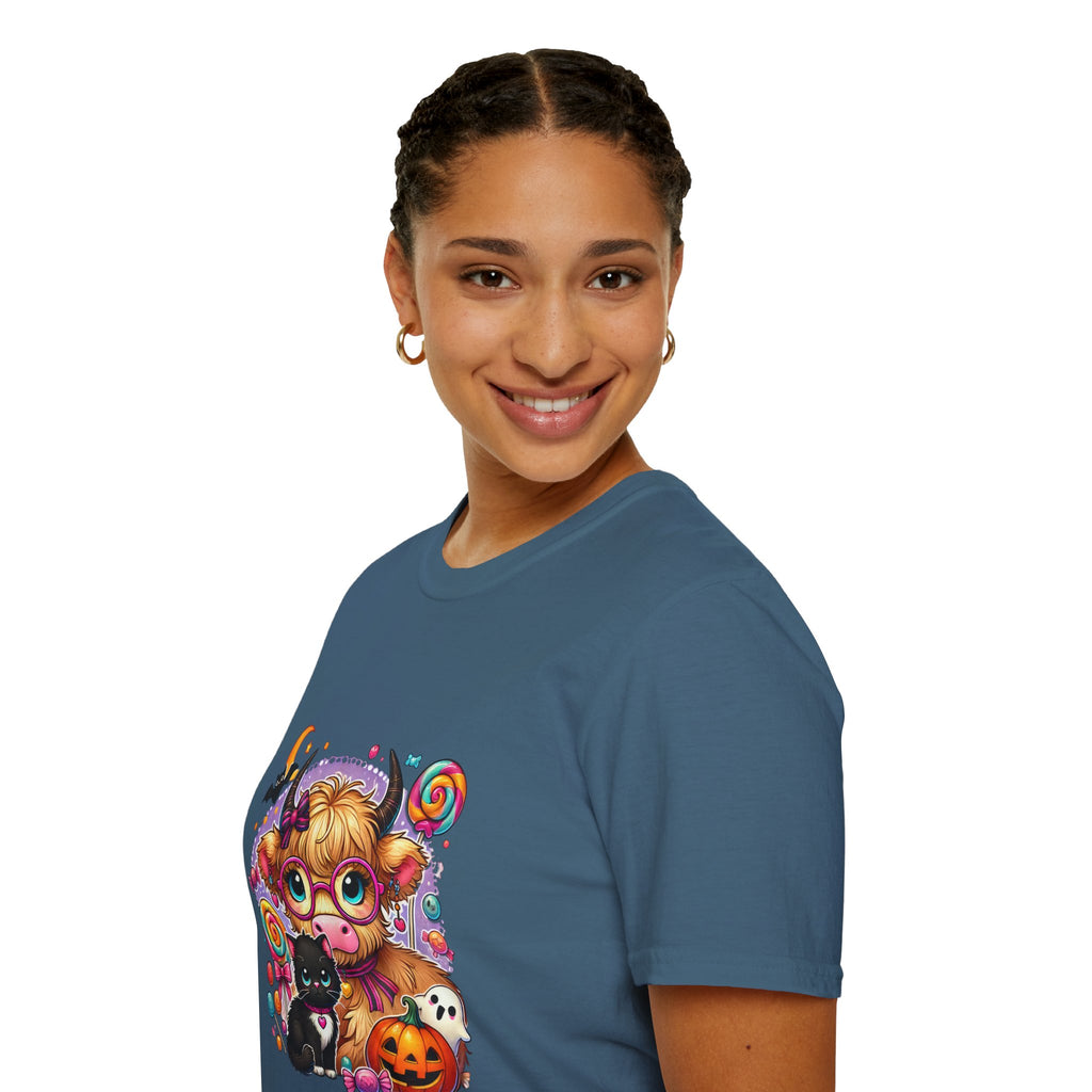Cute Halloween Cow T-Shirt — Funny Gift for Her Candy Pumpkins & Kitty Costume Tee