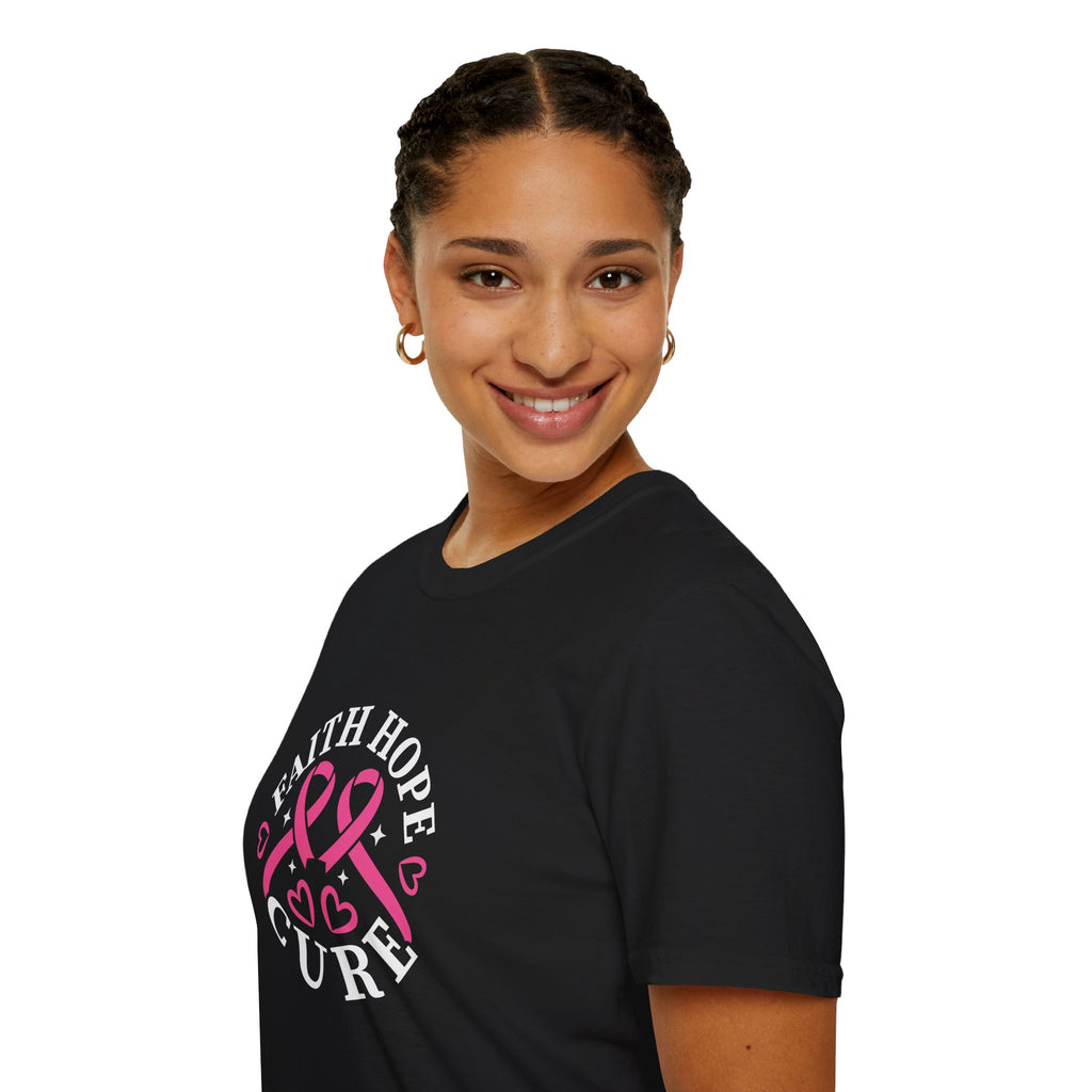 Faith Hope Cure Breast Cancer Awareness T-Shirt — Pink Ribbon Gift for Her Support Graphic Tee