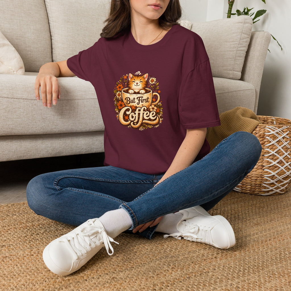 But First Coffee Cat T-Shirt — Cute Floral Gift for Coffee Lovers Women's Tee