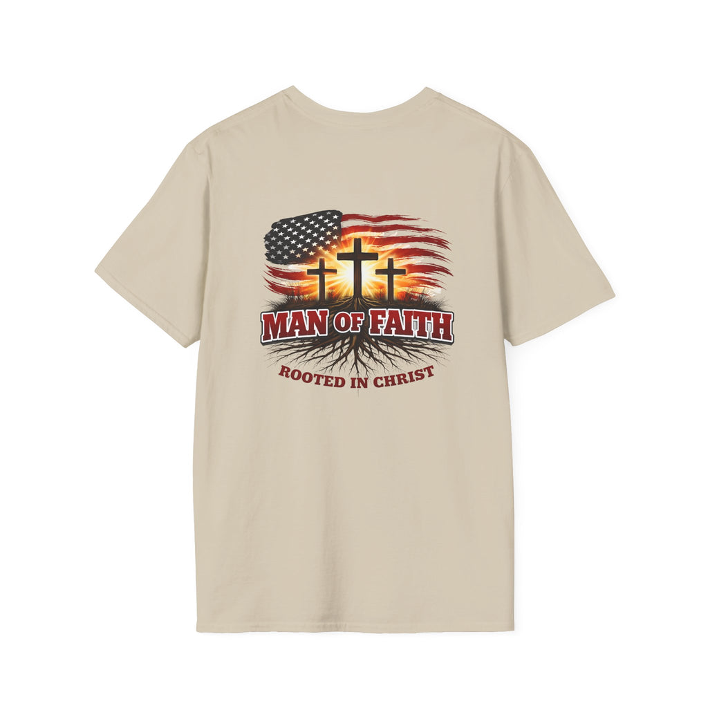 Man of Faith Rooted in Christ T-Shirt — Christian Gift for Him Flag & Cross Back Print Graphic Tee