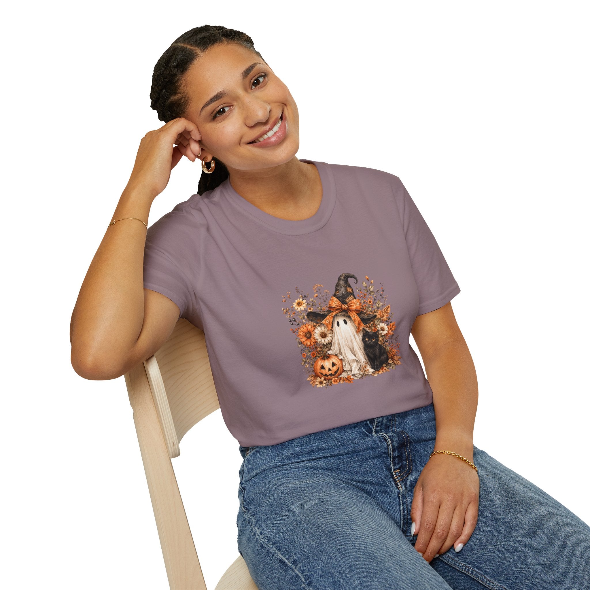 Halloween Witch Ghost & Cat T-Shirt — Cute Spooky Gift for Women Fall Floral Tee