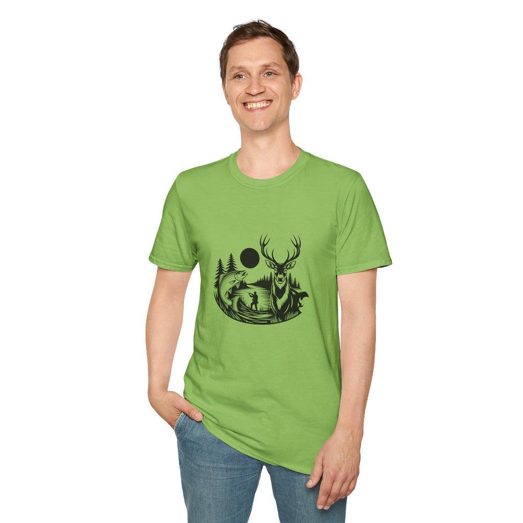 Deer & Fish Forest Silhouette T-Shirt — Rustic Outdoor Gift for Hunters Graphic Tee