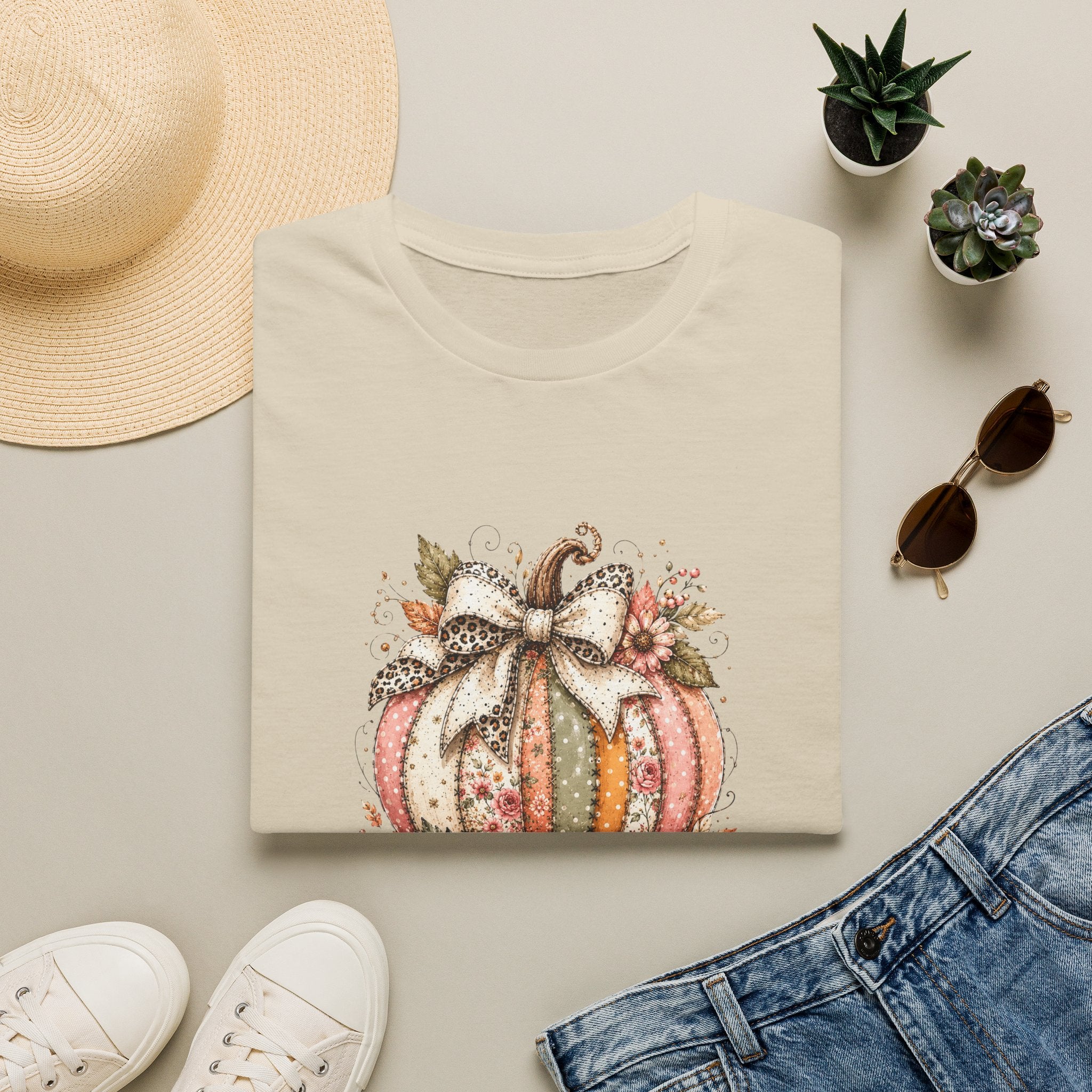 Autumn Floral Pumpkin Leopard Bow T-Shirt — Cute Fall Gift for Women Graphic Tee