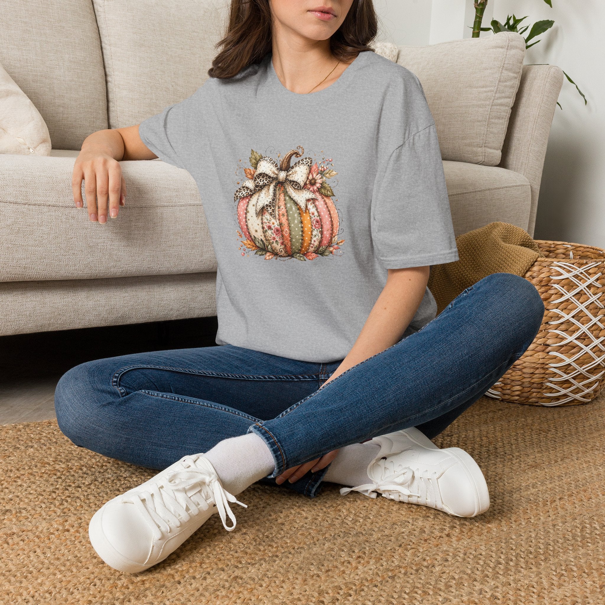 Autumn Floral Pumpkin Leopard Bow T-Shirt — Cute Fall Gift for Women Graphic Tee