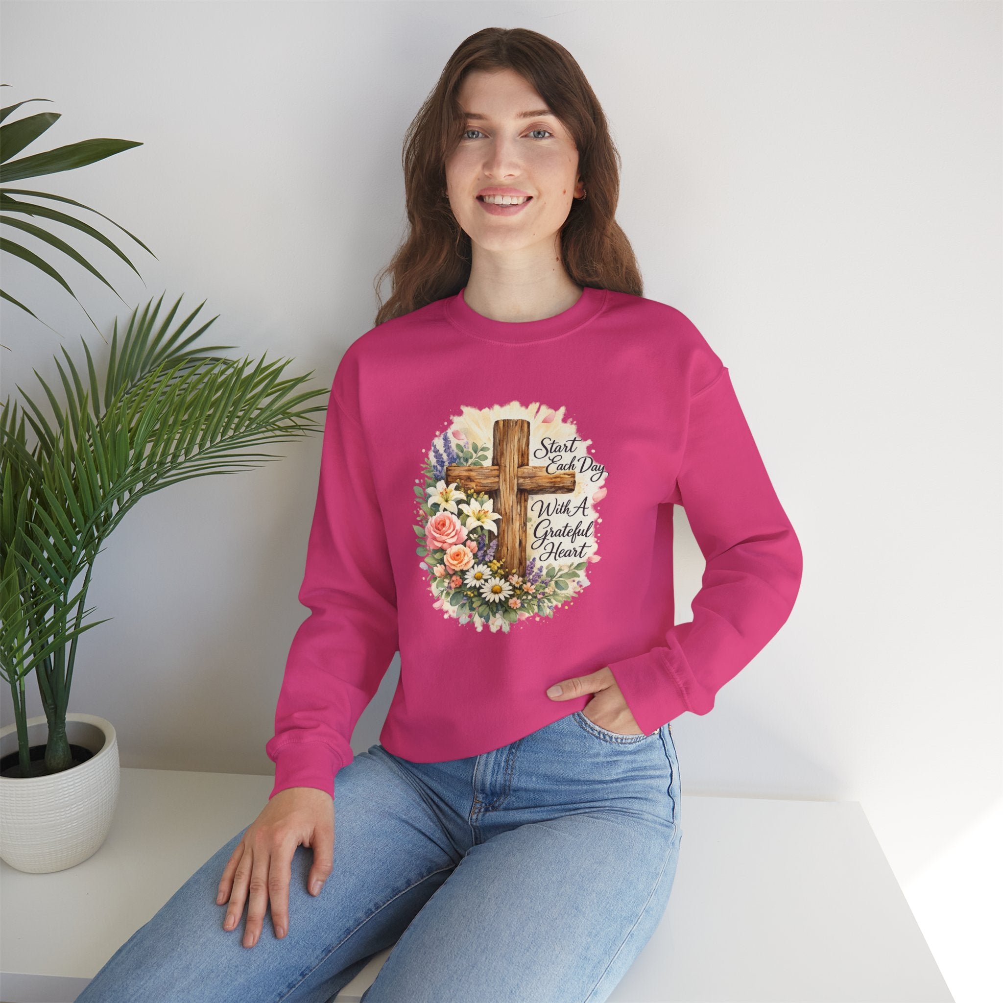 Christian Crewneck Sweatshirt — "Start Each Day with a Grateful Heart" Floral Cross