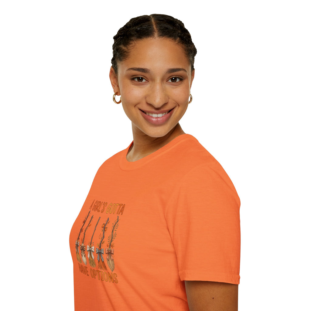 A Girl's Gotta Have Options Witch Brooms T-Shirt — Funny Halloween Gift for Women