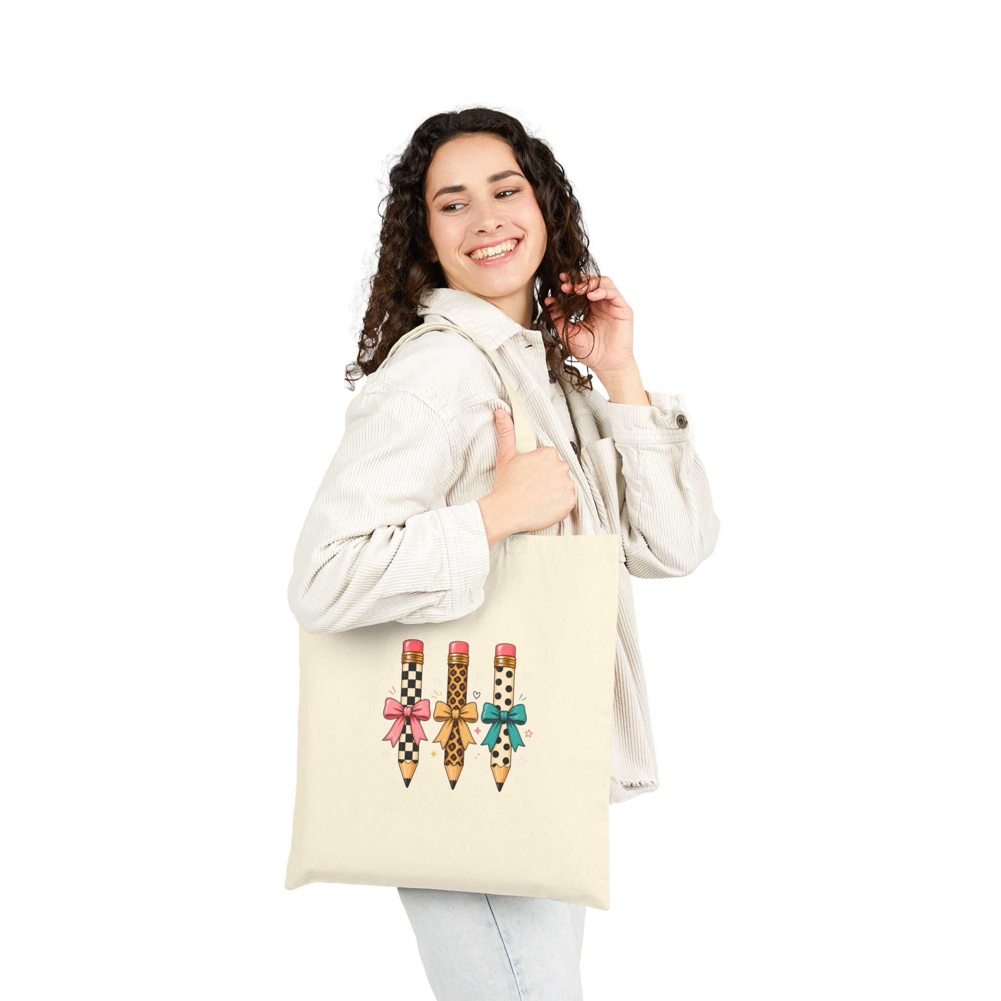 Canvas Tote Bag — Cute Decorative Pencils with Bows | School Teacher Gift