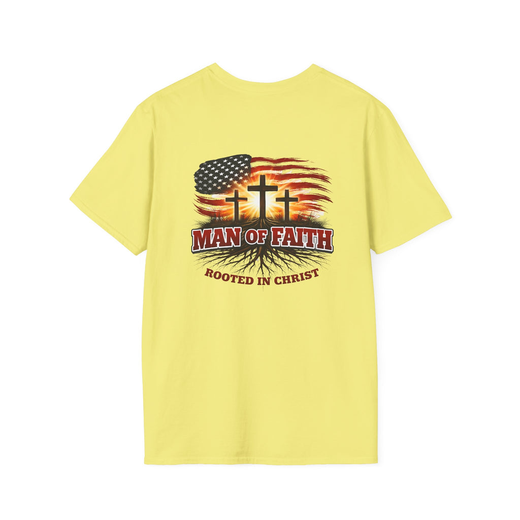 Man of Faith Rooted in Christ T-Shirt — Christian Gift for Him Flag & Cross Back Print Graphic Tee
