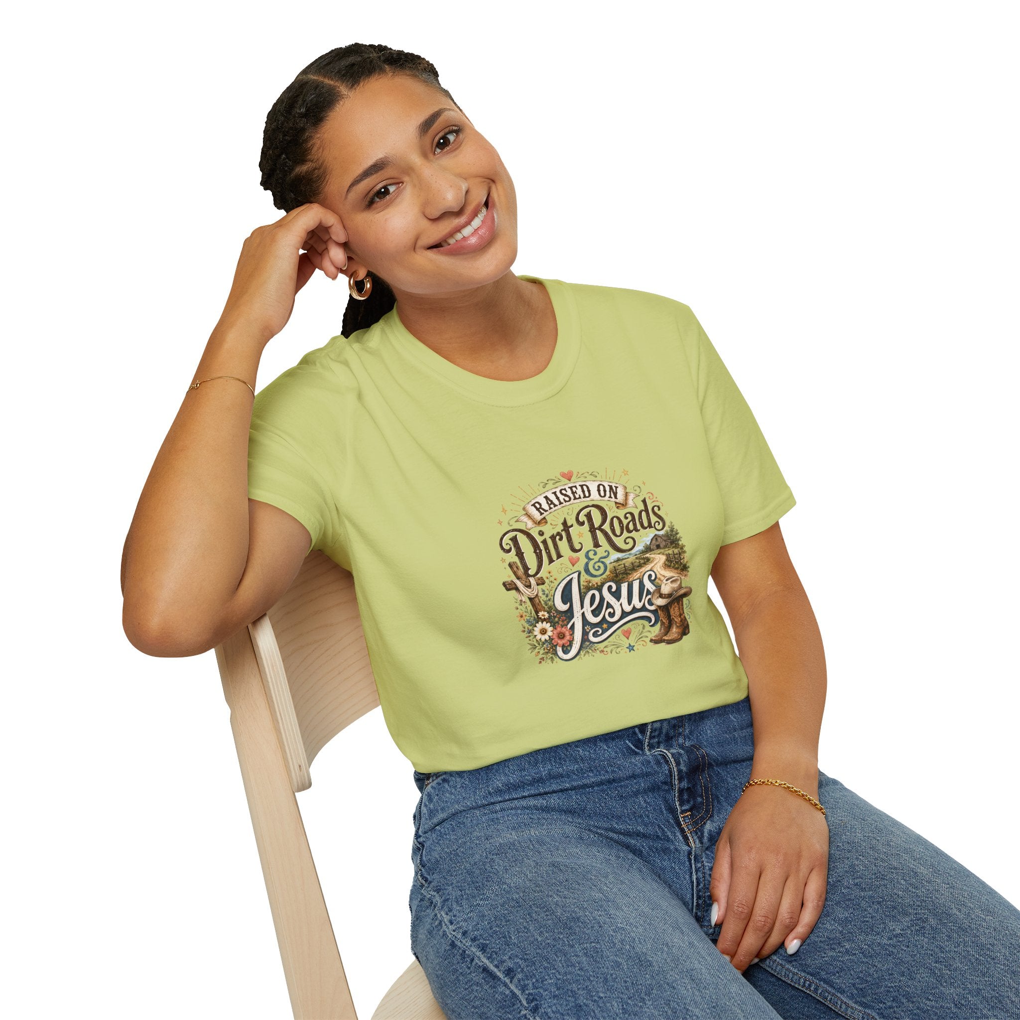 Raised on Dirt Roads & Jesus T-Shirt — Rustic Christian Gift for Women Faith Tee