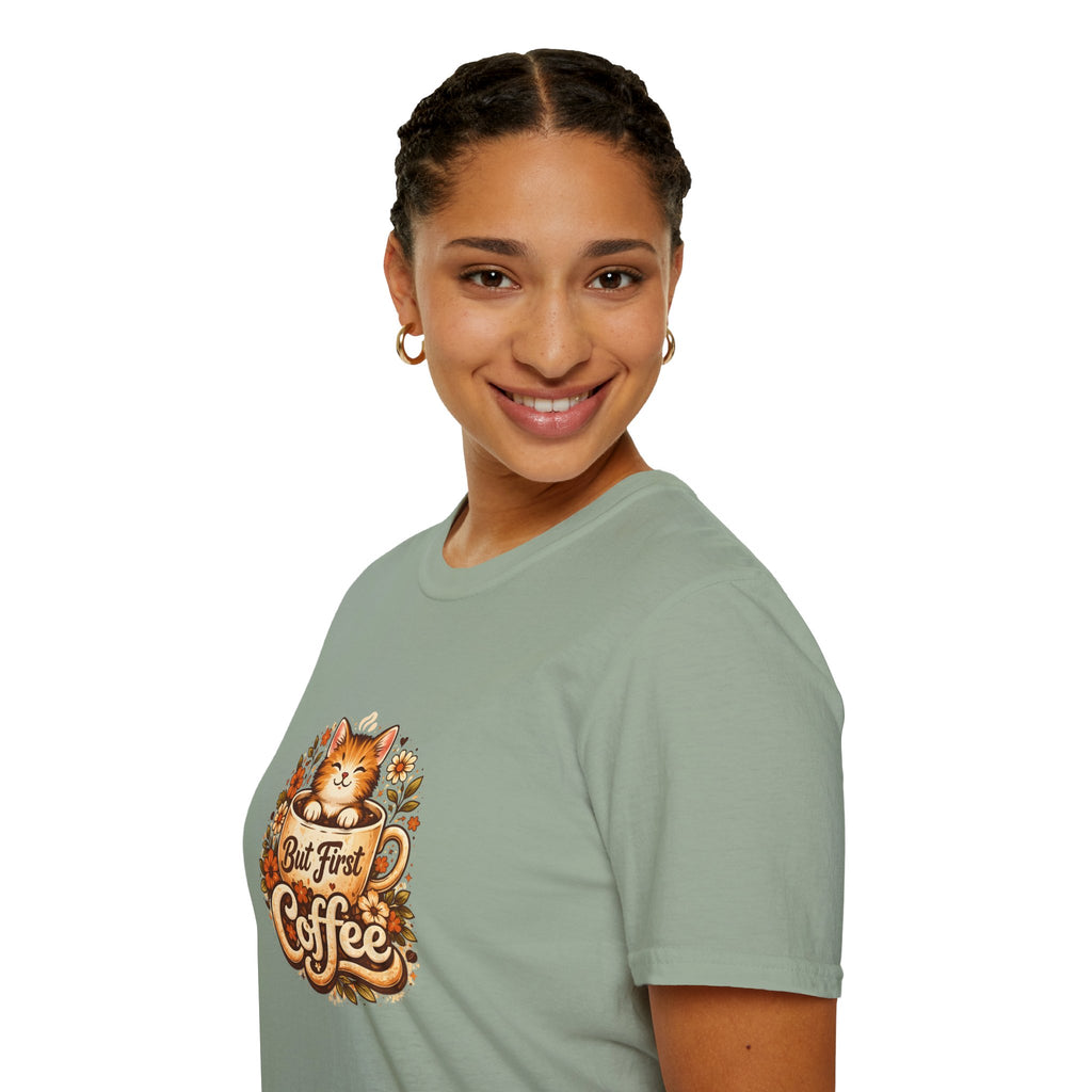 But First Coffee Cat T-Shirt — Cute Floral Gift for Coffee Lovers Women's Tee