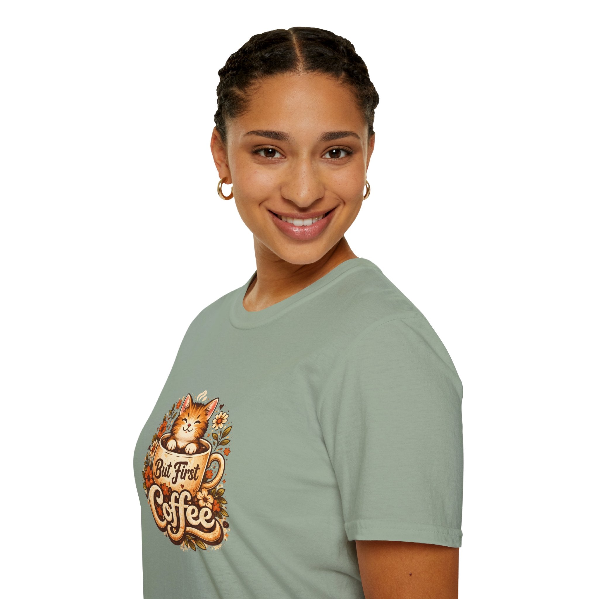 But First Coffee Cat T-Shirt — Cute Floral Gift for Coffee Lovers Women's Tee