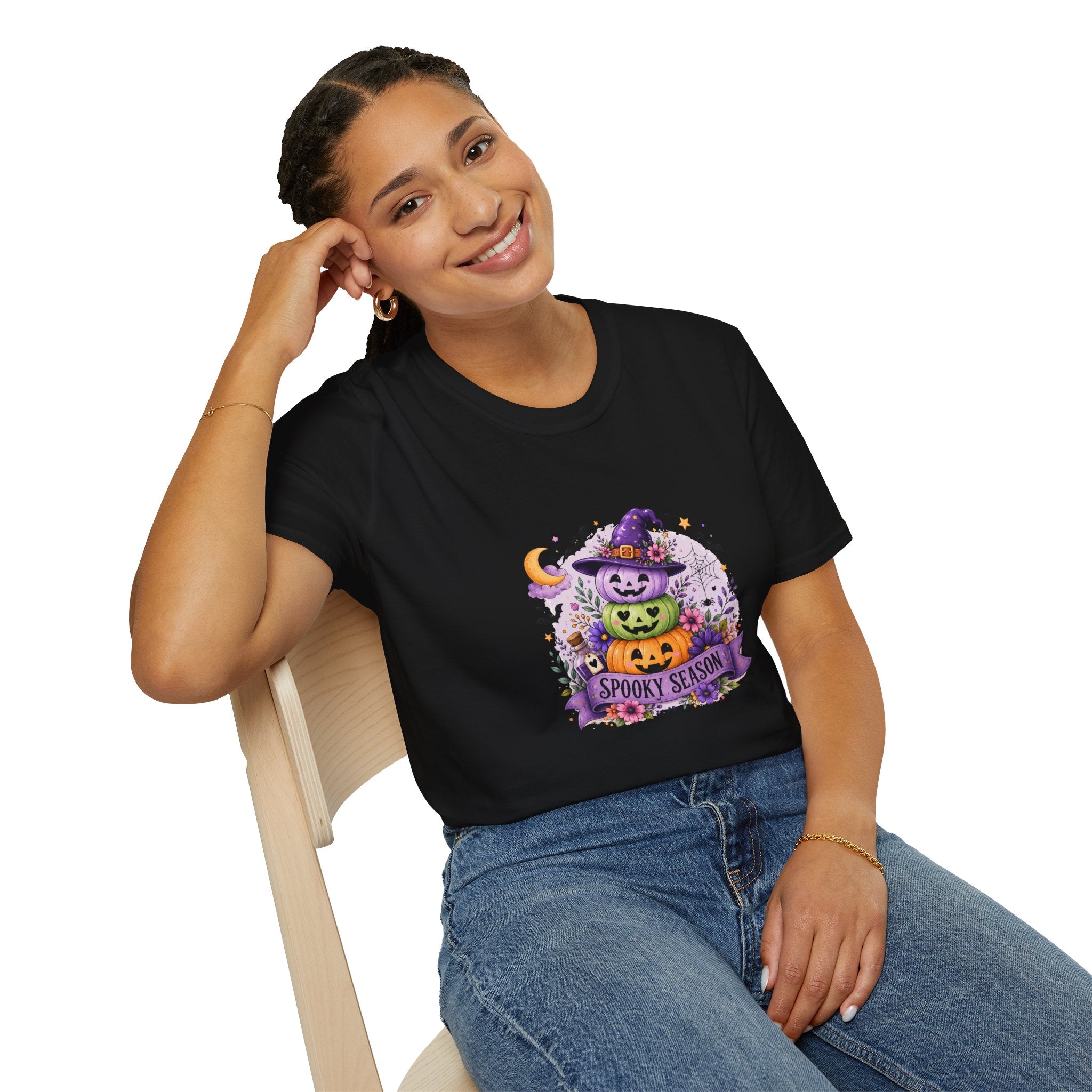 Spooky Season Pumpkin Stack T-Shirt — Cute Halloween Gift for Women Witch Hat Tee