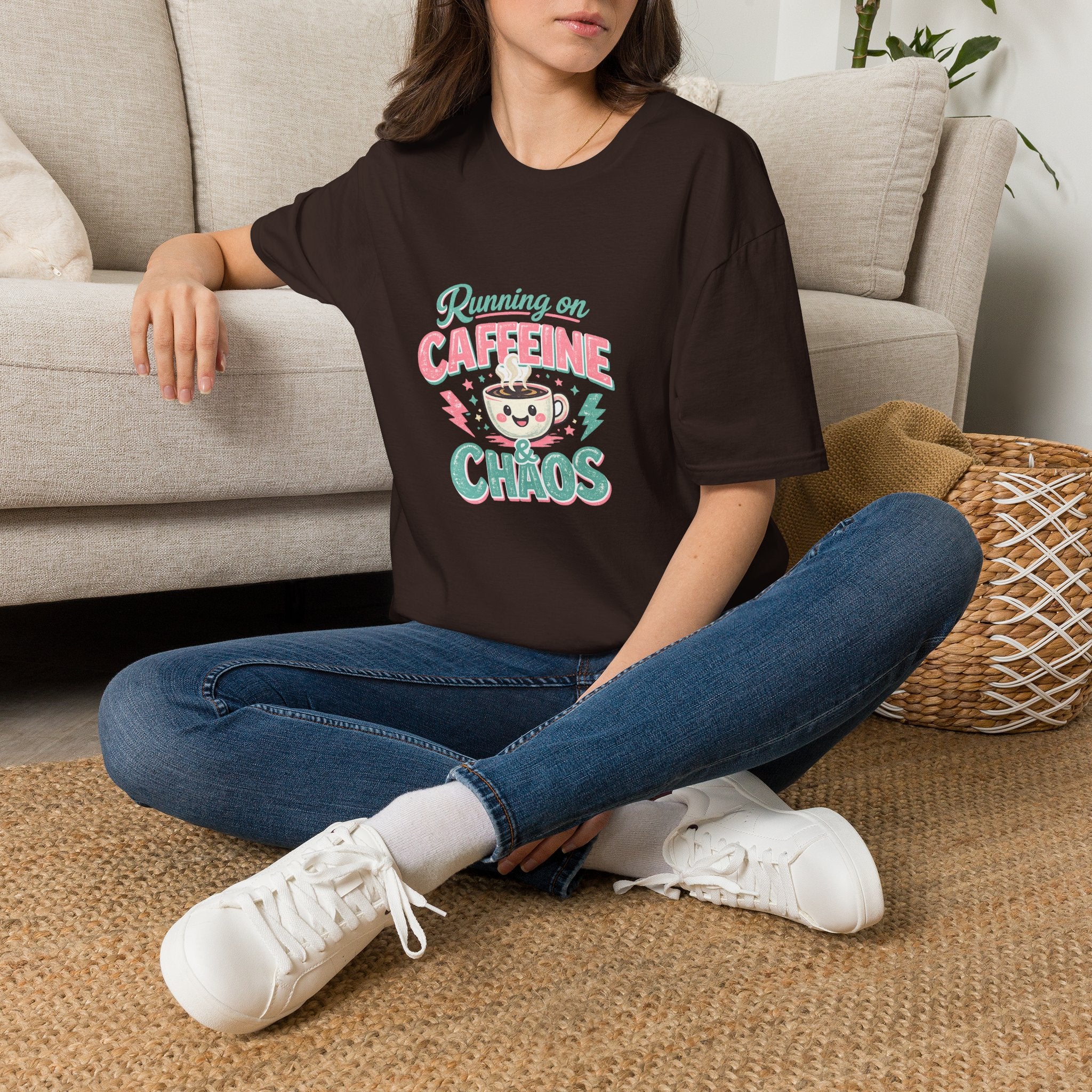 Running on Caffeine & Chaos T-Shirt — Funny Gift for Coffee Loving Moms Graphic Tee