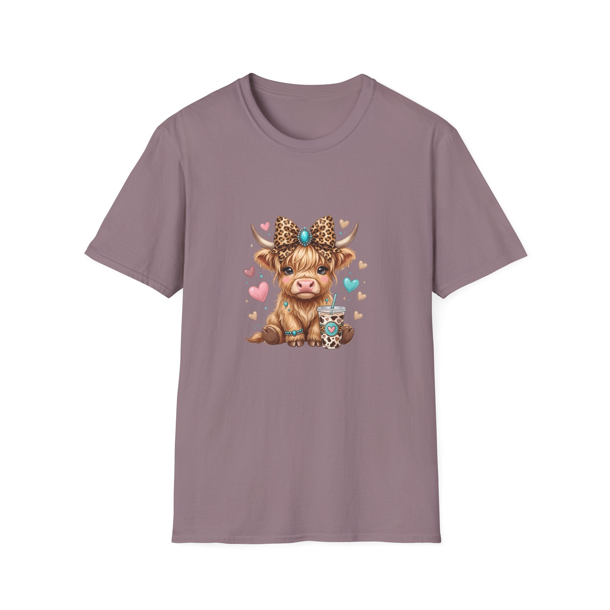 Highland Cow Leopard Bow T-Shirt — Cute Funny Gift for Her Hearts Graphic Tee