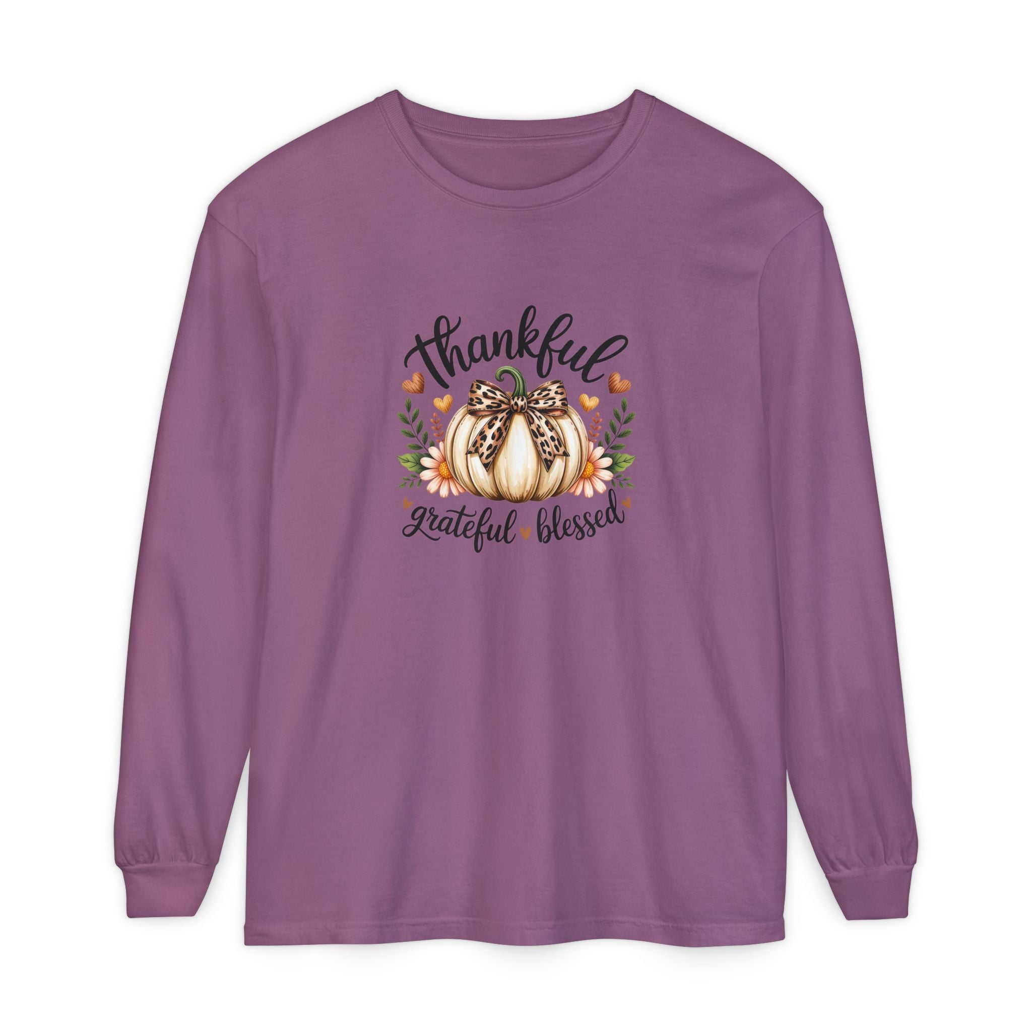 Thankful Grateful Blessed Pumpkin Long Sleeve — Cute Fall Thanksgiving Gift for Women
