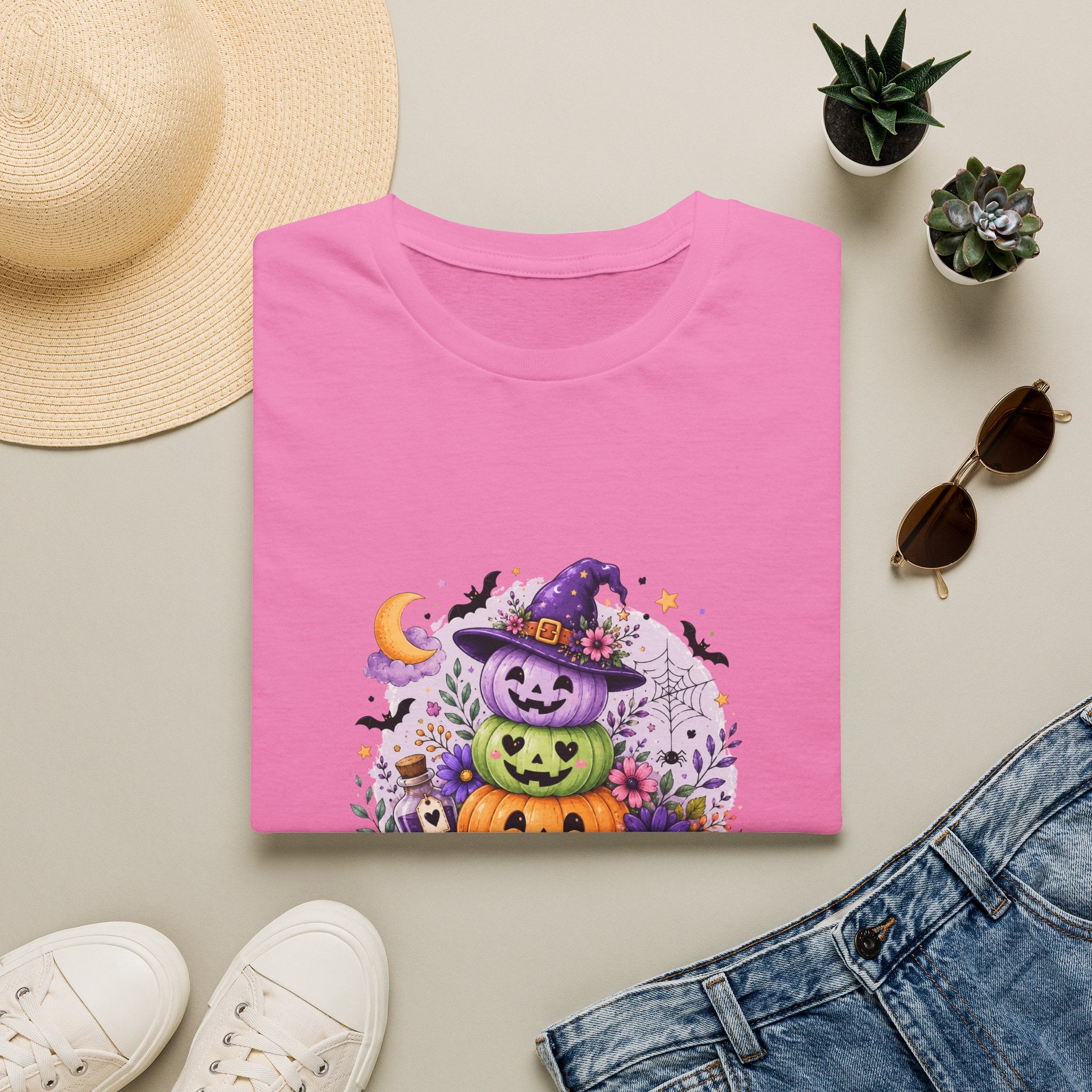 Spooky Season Pumpkin Stack T-Shirt — Cute Halloween Gift for Women Witch Hat Tee