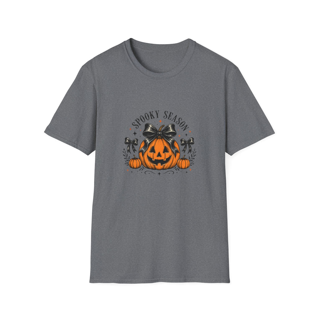 Spooky Season Jack-O'-Lantern Bow T-Shirt — Cute Halloween Gift for Women Graphic Tee