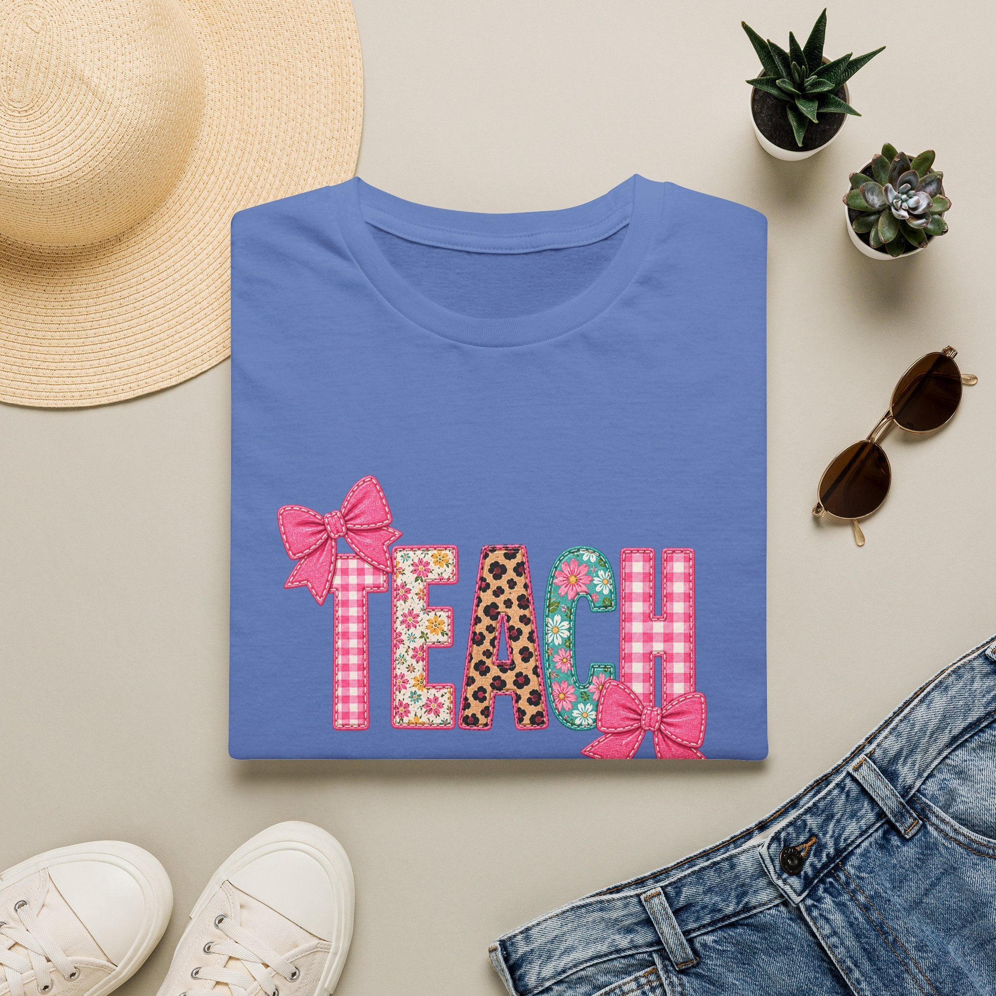 Floral Leopard TEACH T-Shirt — Cute Back-to-School Gift for Teachers Pink Bow Tee