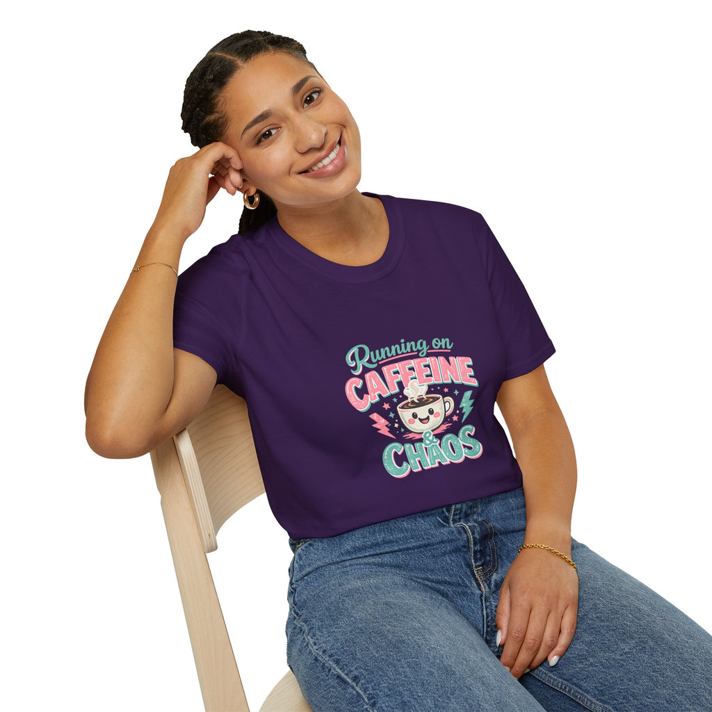 Running on Caffeine & Chaos T-Shirt — Funny Gift for Coffee Loving Moms Graphic Tee