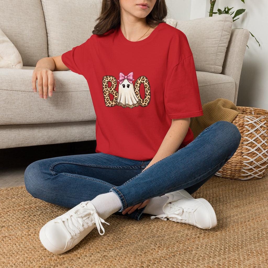 Boo Leopard Ghost T-Shirt — Cute Pink Bow Halloween Gift for Women Graphic Tee