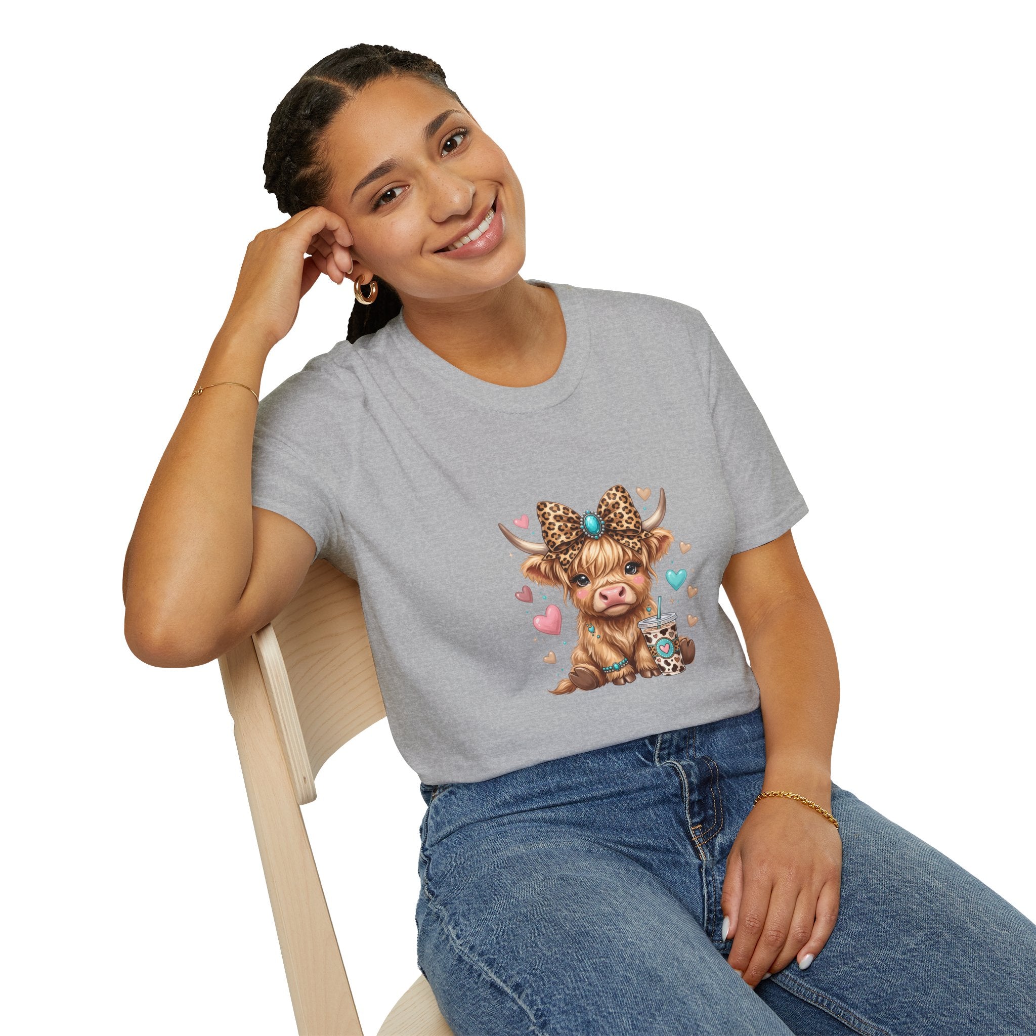 Highland Cow Leopard Bow T-Shirt — Cute Funny Gift for Her Hearts Graphic Tee