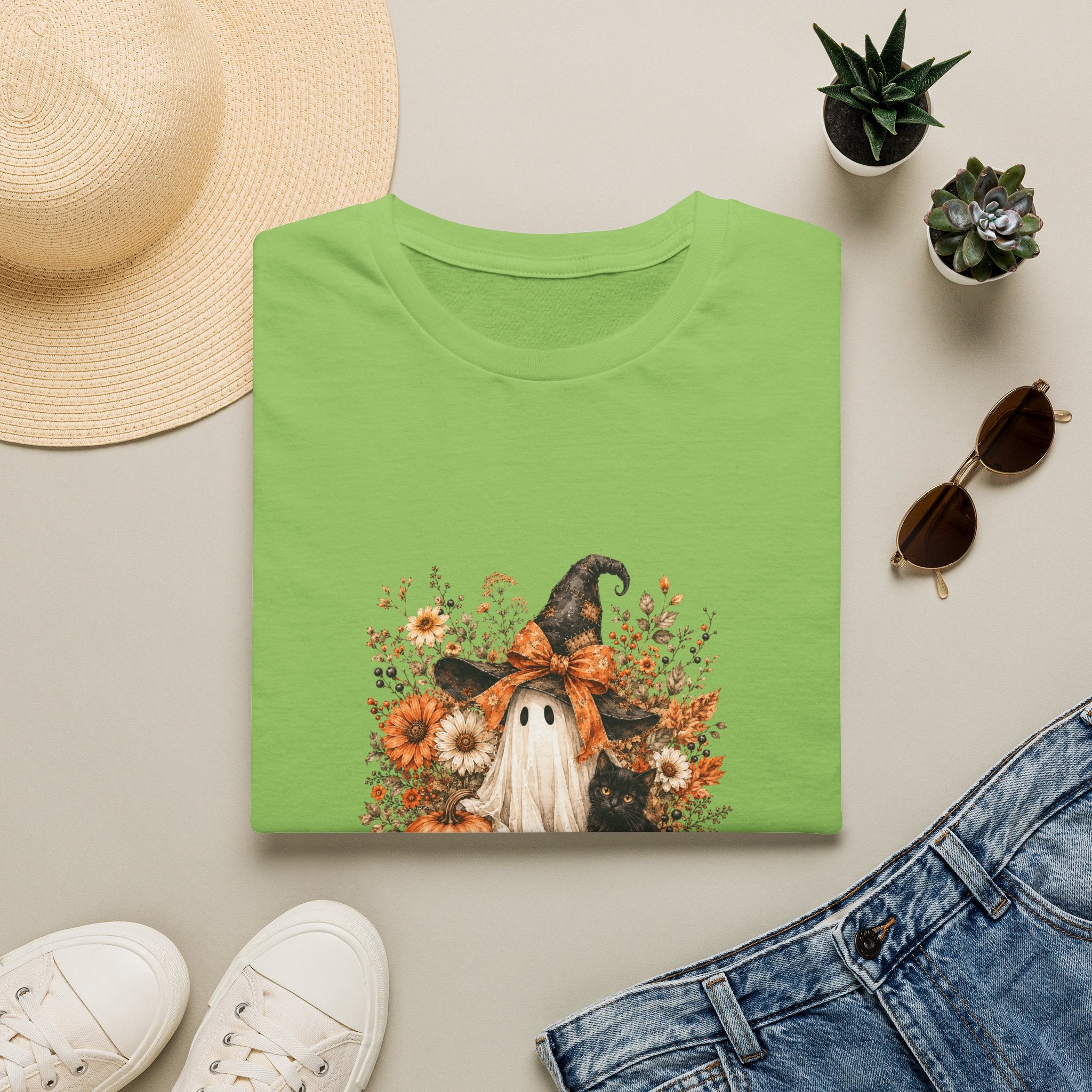 Halloween Witch Ghost & Cat T-Shirt — Cute Spooky Gift for Women Fall Floral Tee