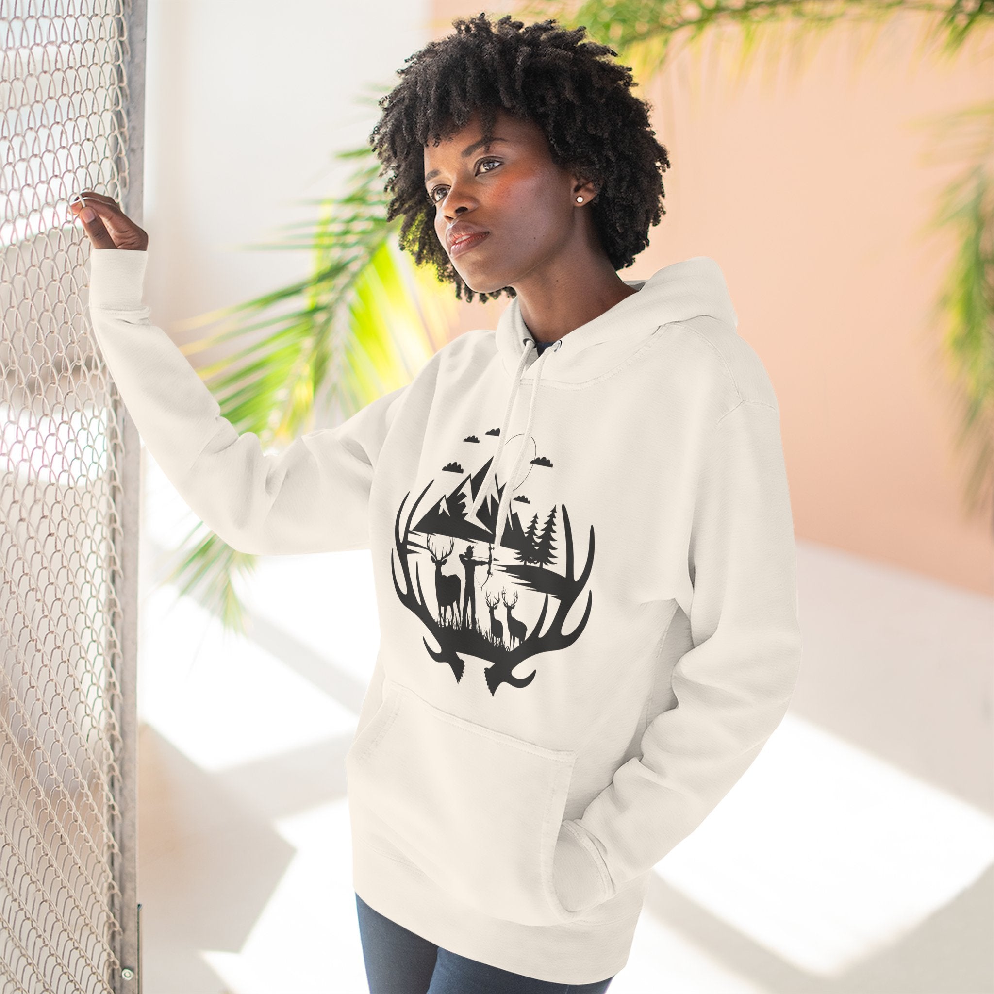 Deer Antler Mountain Hoodie — Rustic Outdoor Gift for Him Wildlife Graphic Pullover