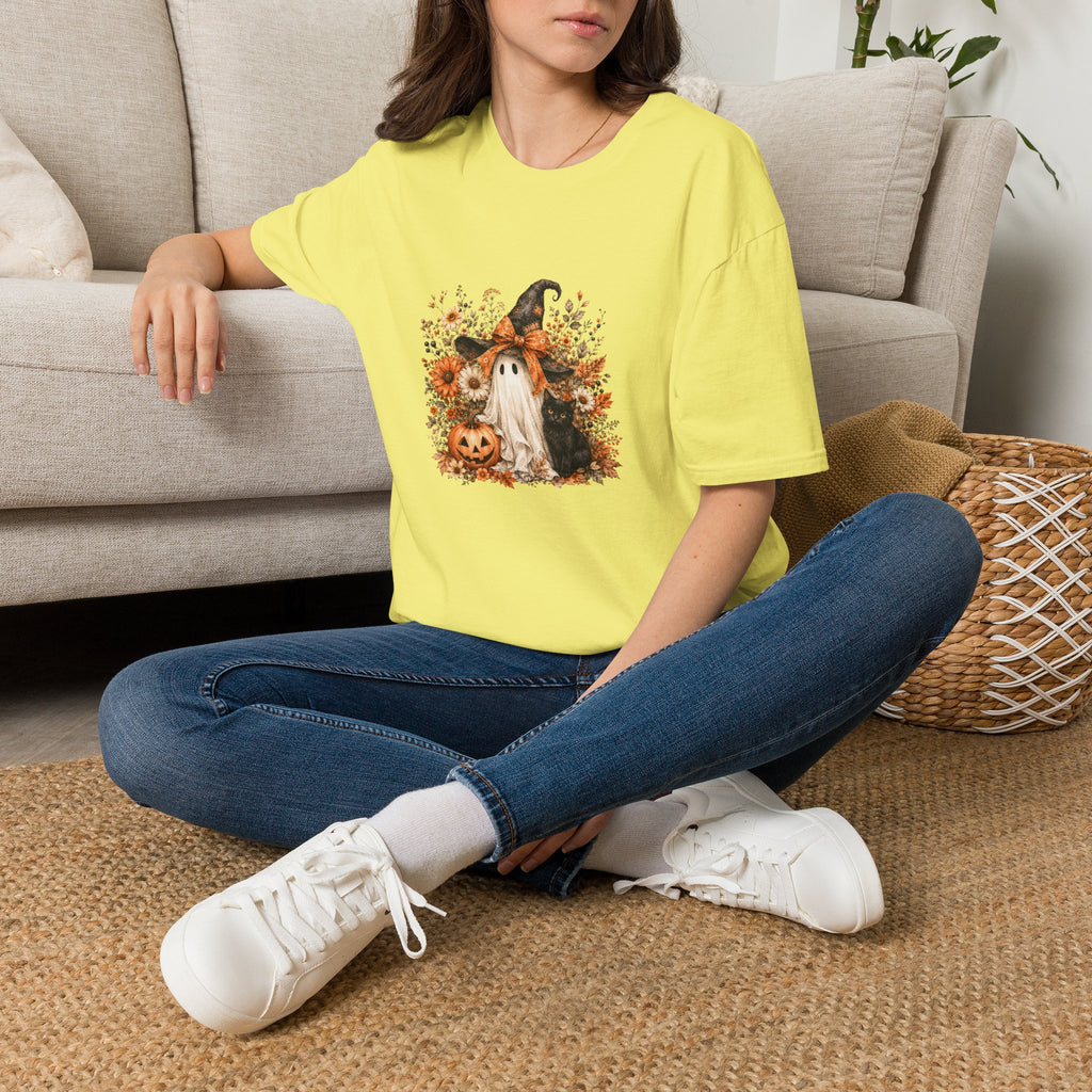 Halloween Witch Ghost & Cat T-Shirt — Cute Spooky Gift for Women Fall Floral Tee