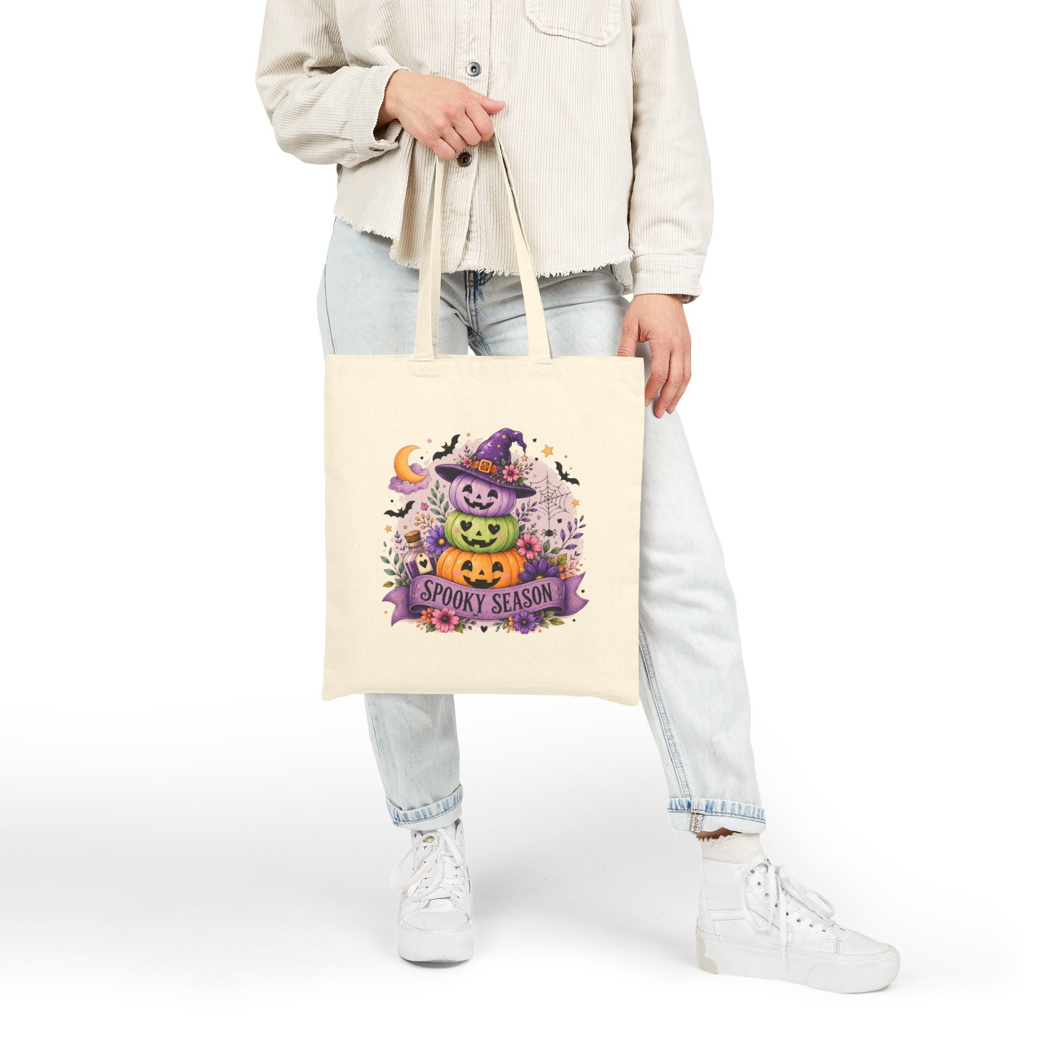 Spooky Season Jack-o'-Lantern Canvas Tote Bag — Cute Halloween Gift for Women