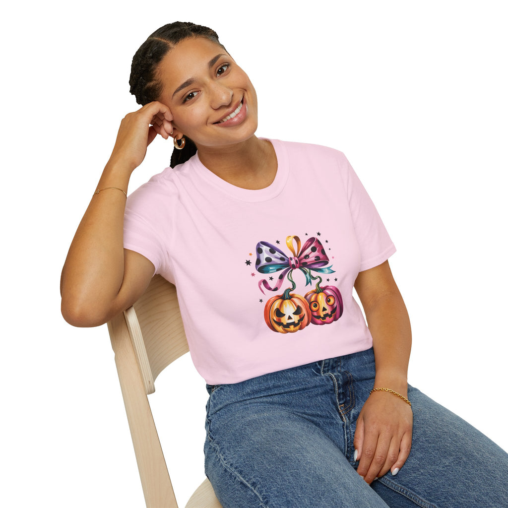 Halloween Pumpkin Bow T-Shirt — Cute Colorful Gift for Women Jack-O'-Lantern Tee