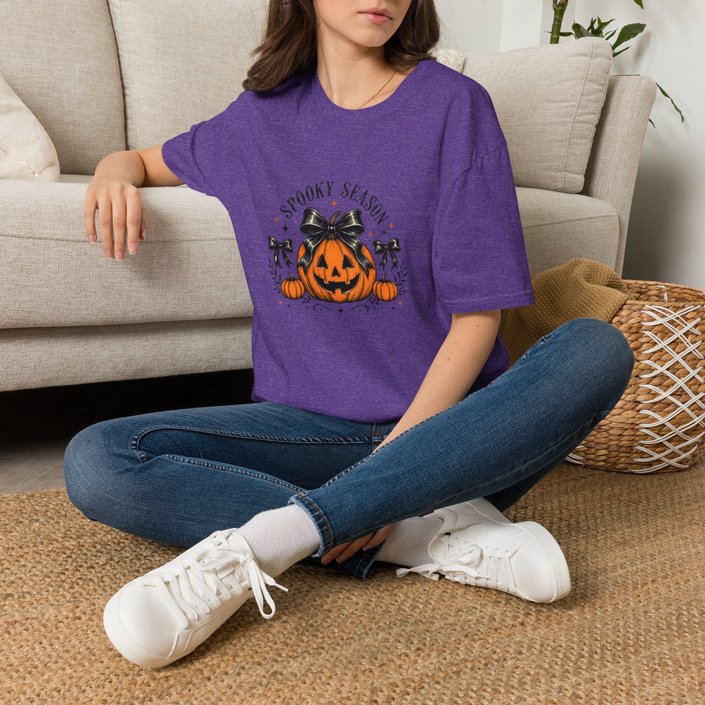Spooky Season Jack-O'-Lantern Bow T-Shirt — Cute Halloween Gift for Women Graphic Tee